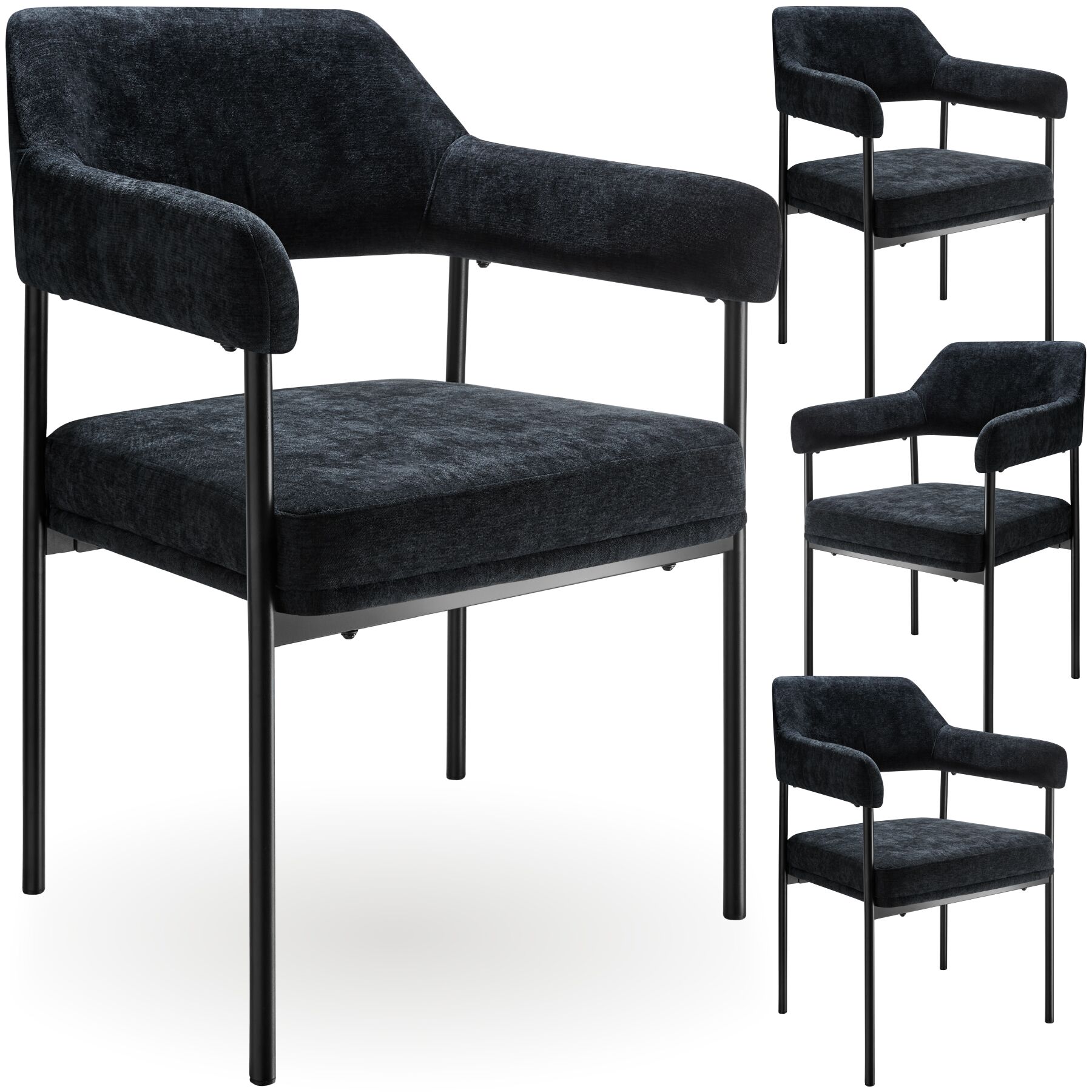 Armchair Doé - durable fabric, black powder-coated legs, 120 kg load, 58 x 62 x 85 cm - Woven fabric black/black, Set of 4 | tectake