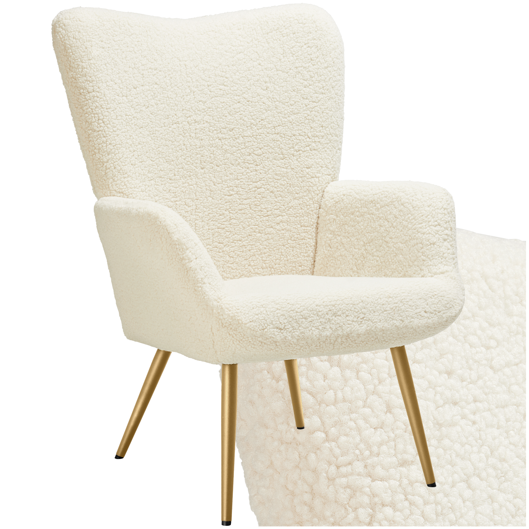 Armchair Hygge - padded, armrests and ergonomic backrest, 150 kg load capacity - without stool, Bouclé cream/gold