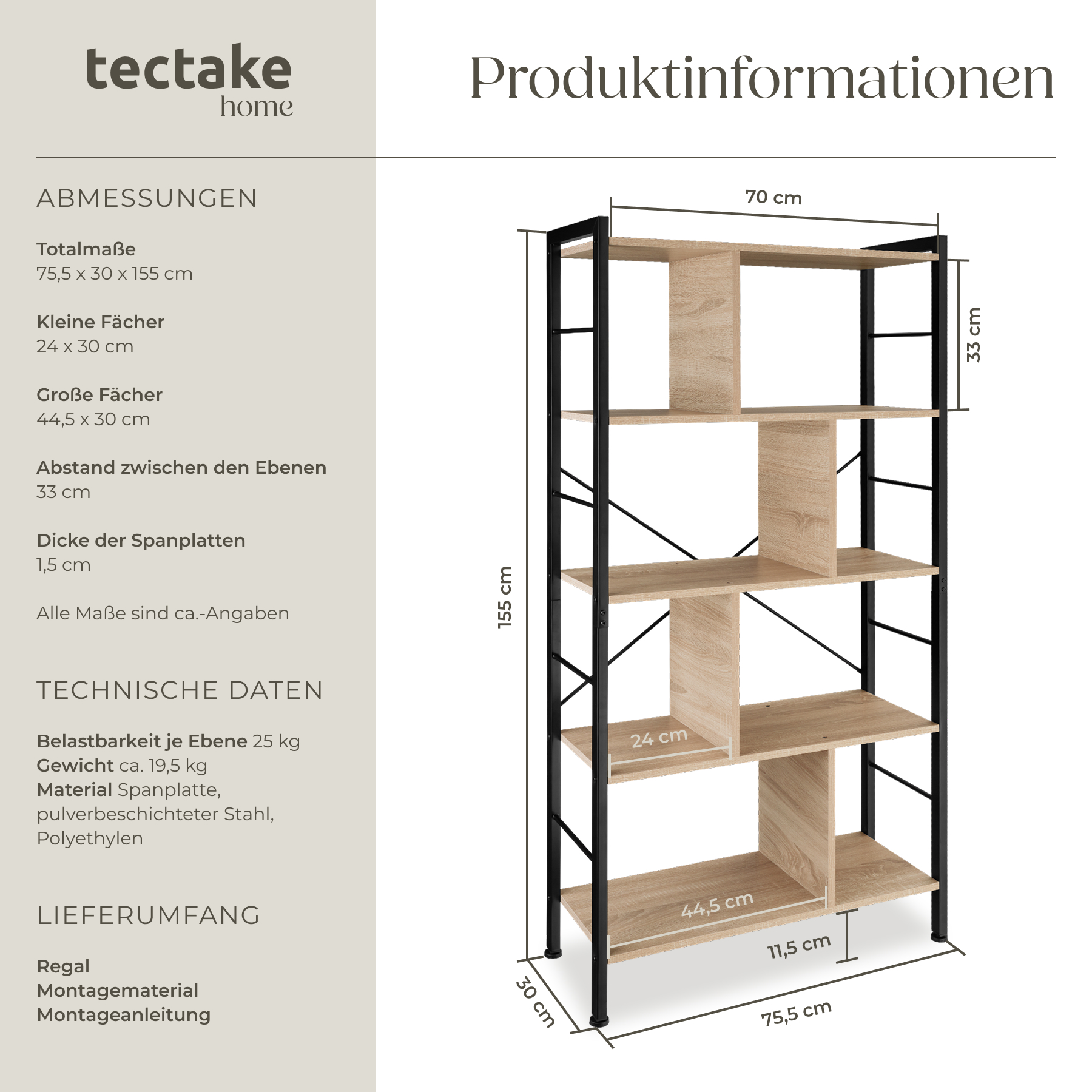 Regal Bücherregal Standregal Wandregal mit 4 Etagen Holz Metall Industrie Design