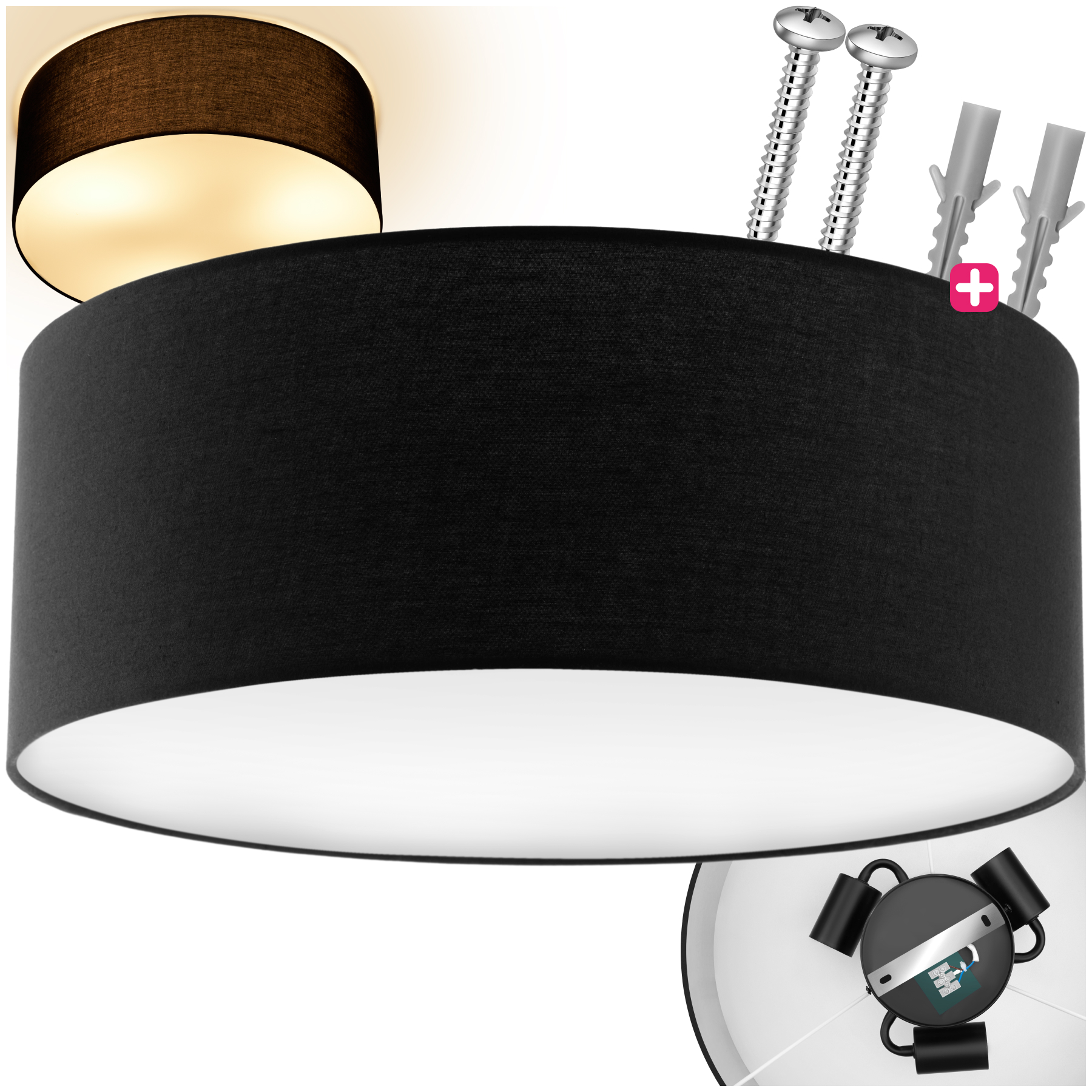 Ceiling Light Circum - textile lampshade in linen look, steel frame - black