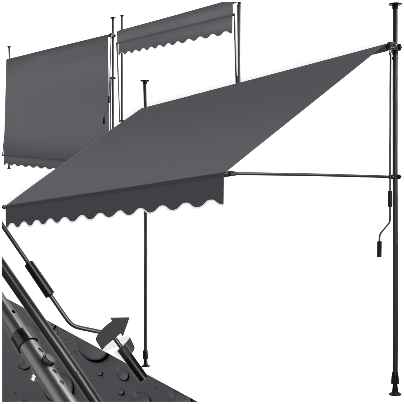 Toldo plegable para balcón con manivela, ajustable en altura - 250 x 180 cm, negro/gris | tectake