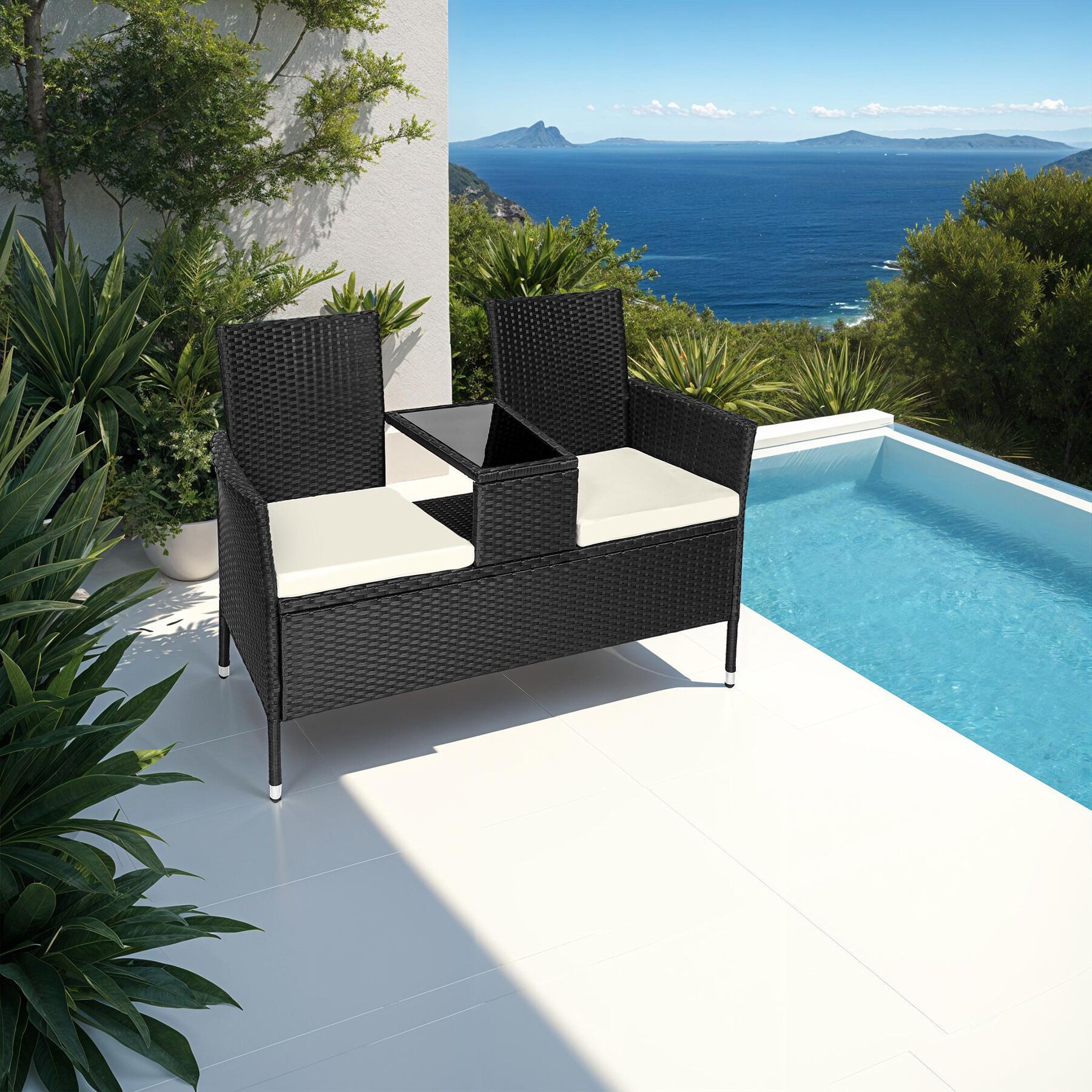 Poly Rattan Bench Glass Table Garden Furniture 2 Seats Wicker Patio Balcony New - Picture 43 of 81