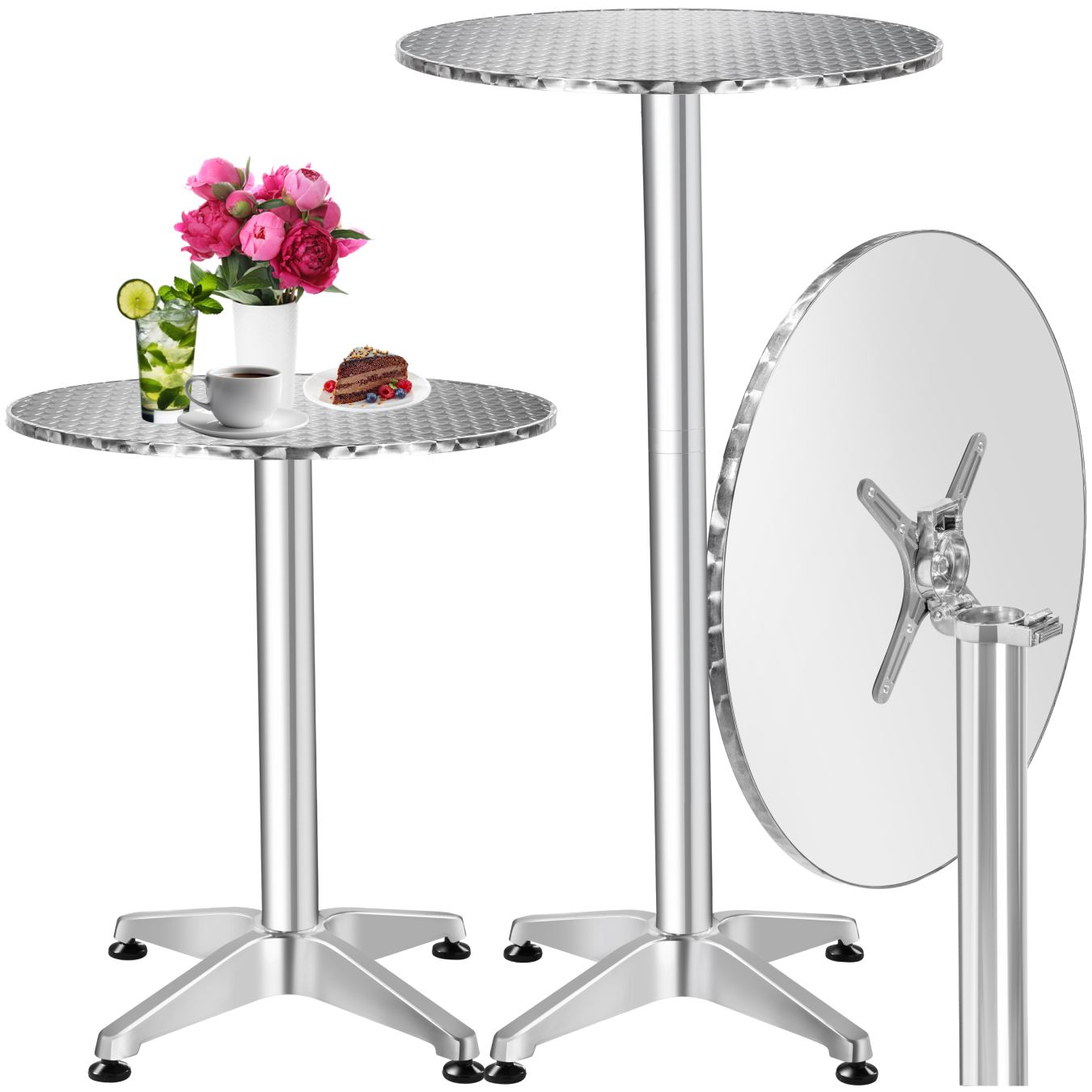 tectake - Table de bistrot en aluminium Ø60 cm pliable et réglable en hauteur - 5,8 cm