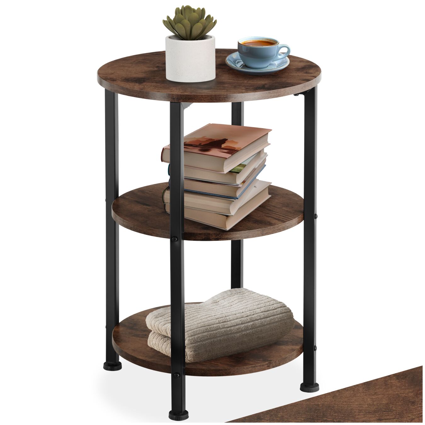 Bedside Table Colchester - industrial style, round with 3 shelves, 40 x 61 cm - Industrial wood dark, rustic | tectake