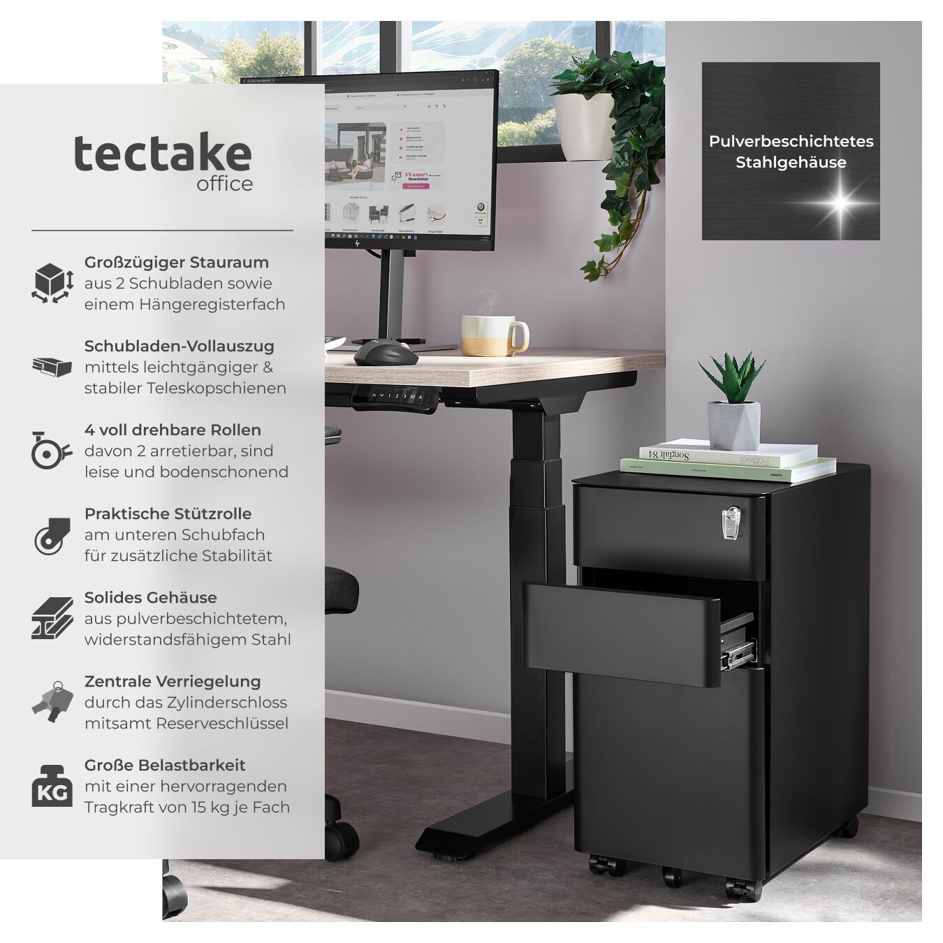 Rollcontainer 2 Schubladen Büroschrank Abschließbar Aktenschrank Hängeregister - Bild 3 von 25