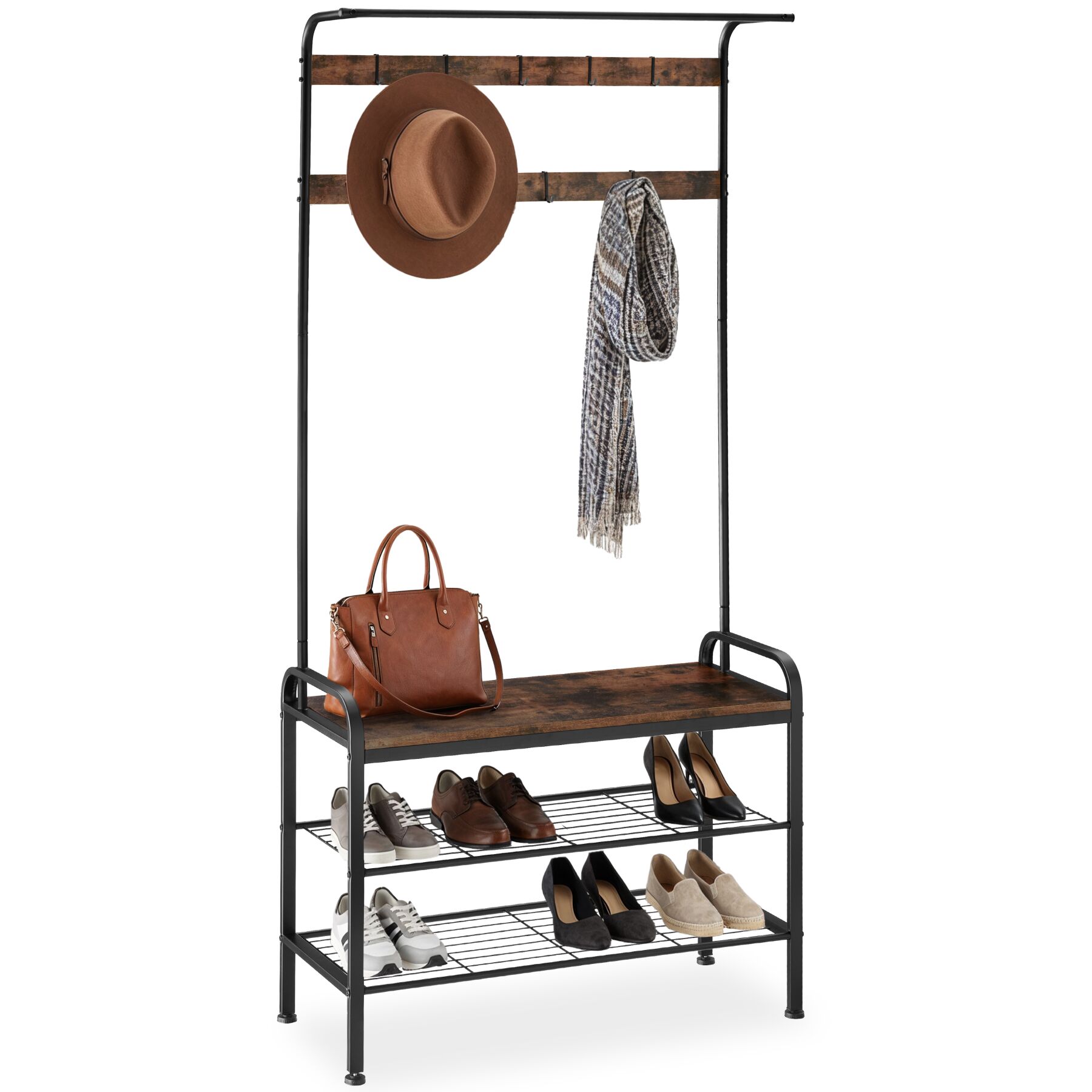 Perchero con banco zapatero - 73,5x36x184cm, Madera industrial oscura, rústica | tectake