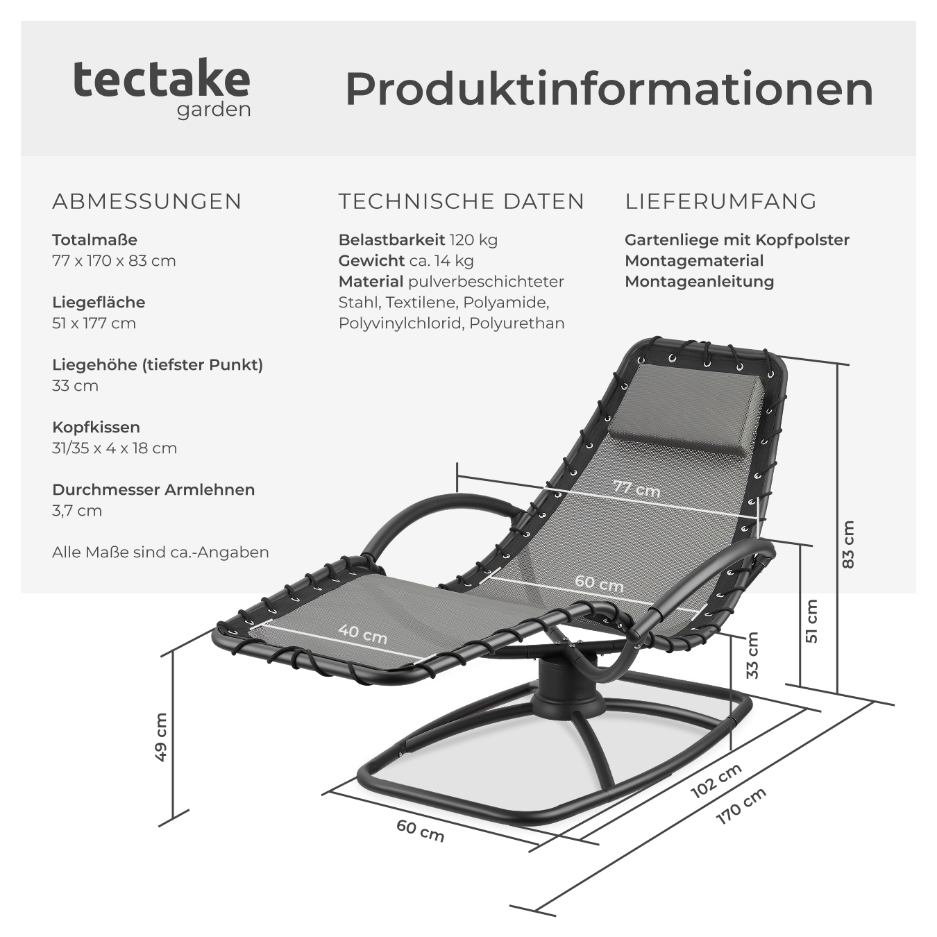 Gartenliege Schaukelliege Sonnenliege ergonomisch Schwingfunktion 120kg Armlehne