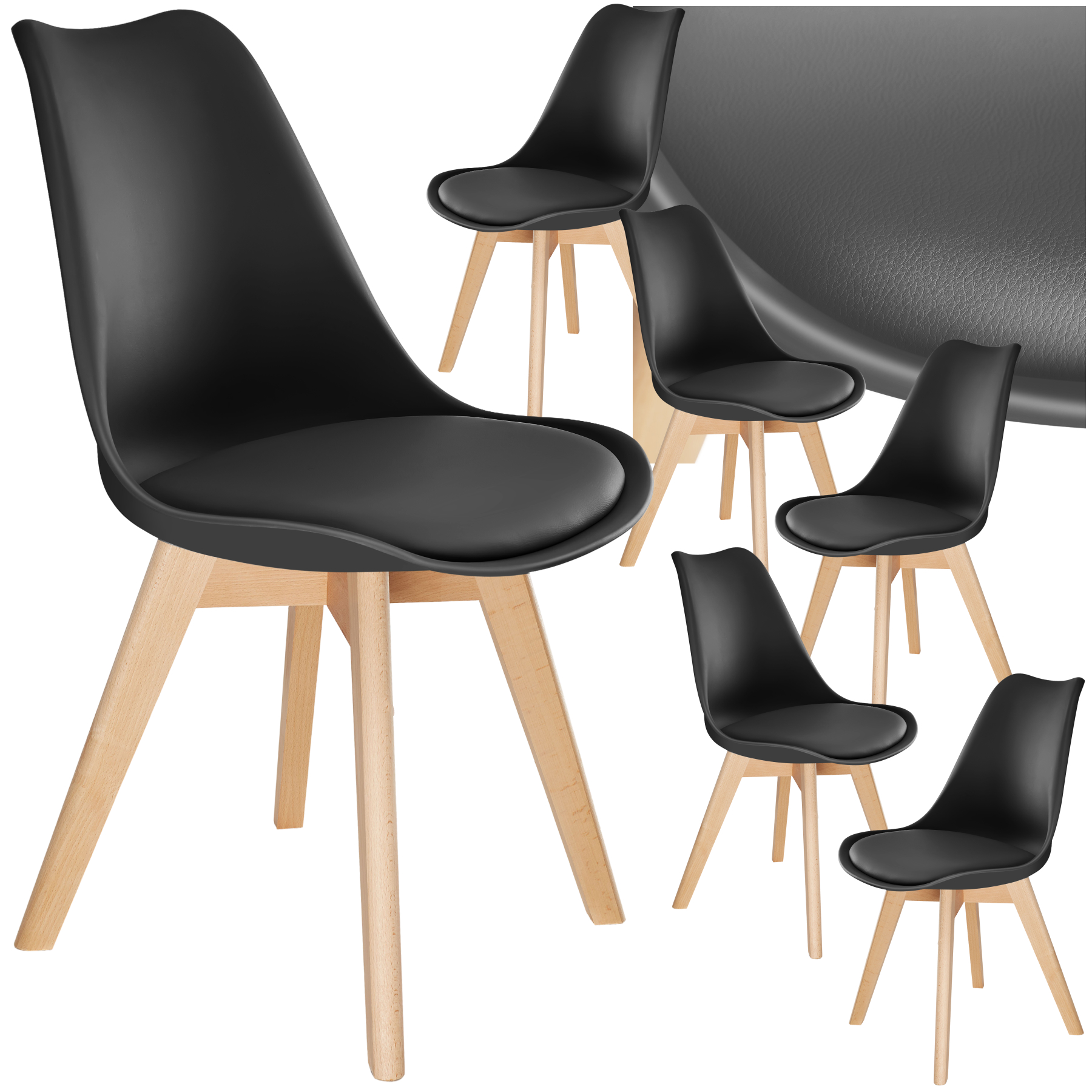 Dining Chair Frederikke with Padded Seat, Ergonomic Shape, and Wooden Legs - black, Set of 6 | tectake