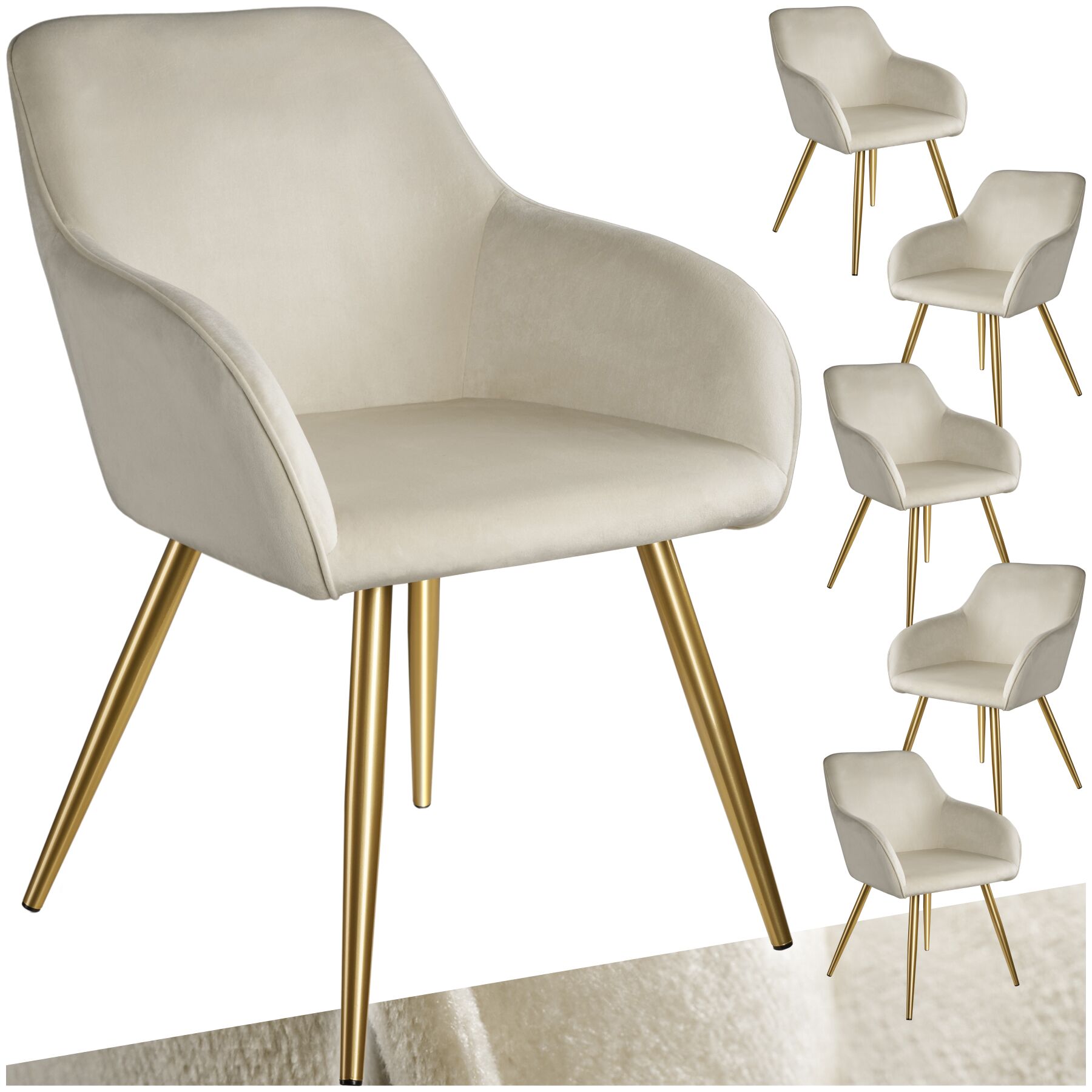 Chair Marilyn with Velvet Cover, Gold Steel Legs and Plush Padding - cream/gold, Set of 6 | tectake