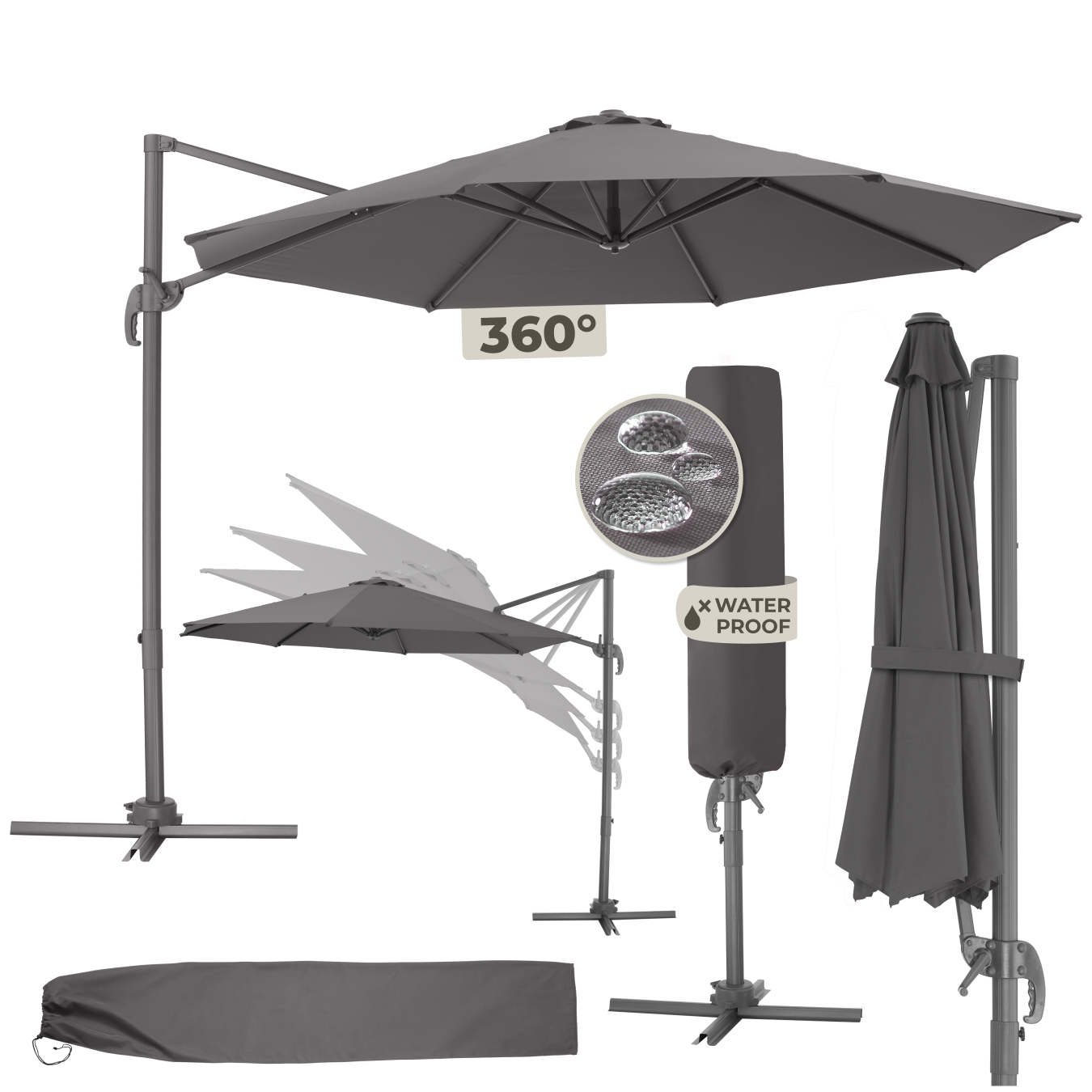 Parasol DARIA 300 cm avec pied déporté et housse de protection - gris