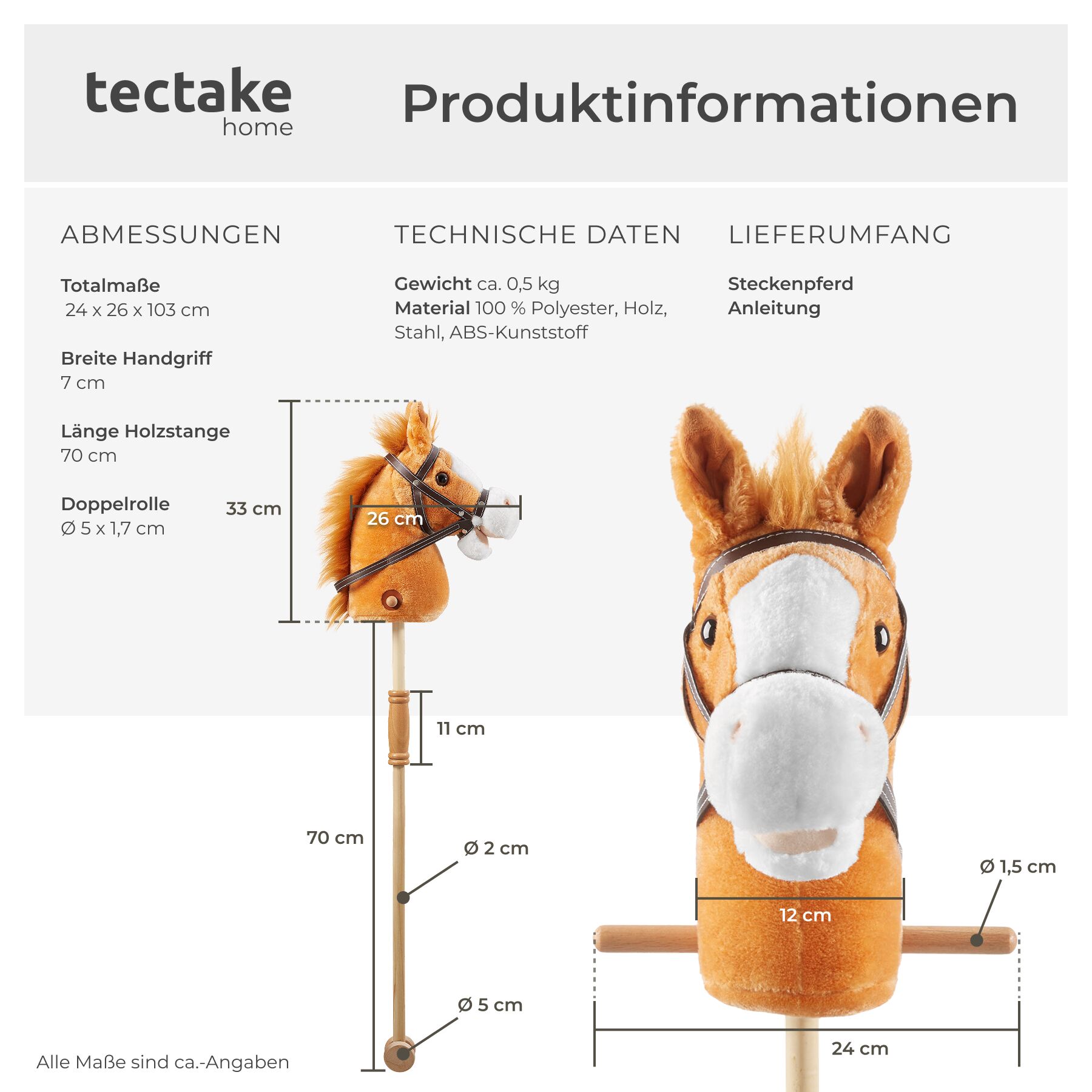 Hobby Horse Steckenpferd Holz Kinder Spielzeug Rollen Plüschkopf Handgriff - Produktbild 5
