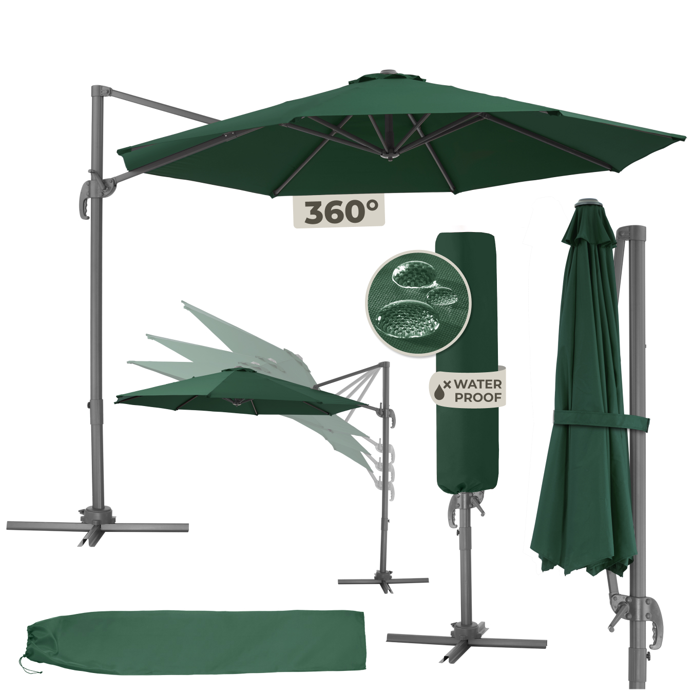 Sonnenschirm, Ø 300 cm, leichtgängiger Mechanismus mit Fußpedal, 6 einstellbare Neigungsstufen - grün | tectake