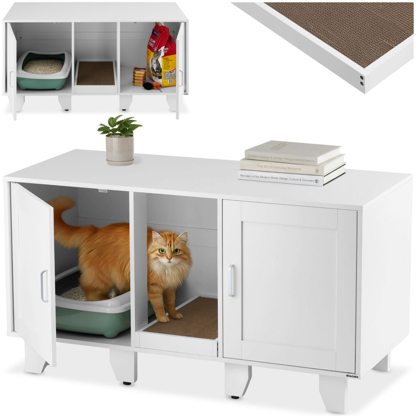 Katzenschrank Freya, versteckte Eingänge, inkl. Kratzmatte - weiß