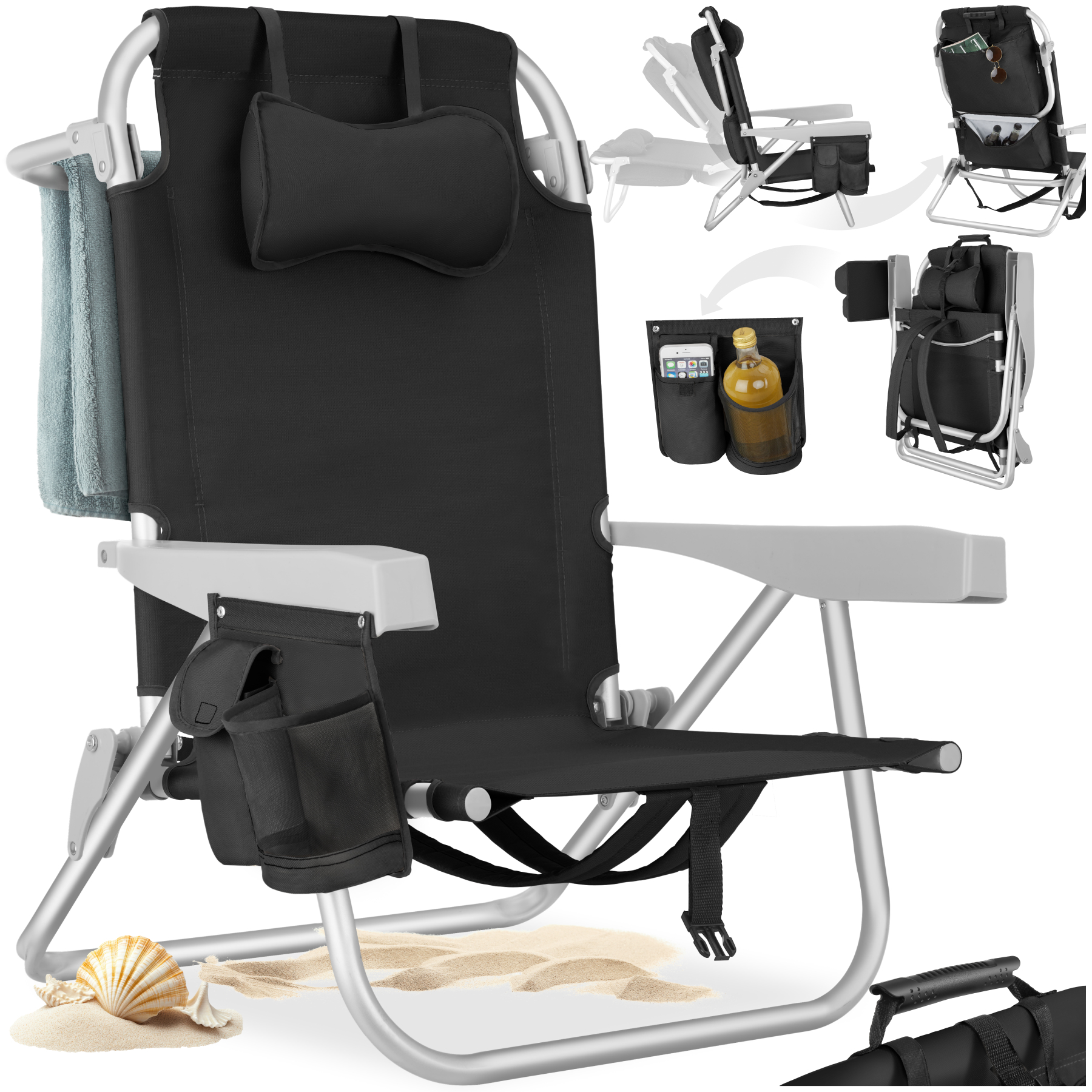 Strandstoel Coral, inklapbaar met rugzakfunctie - zwart, per stuk