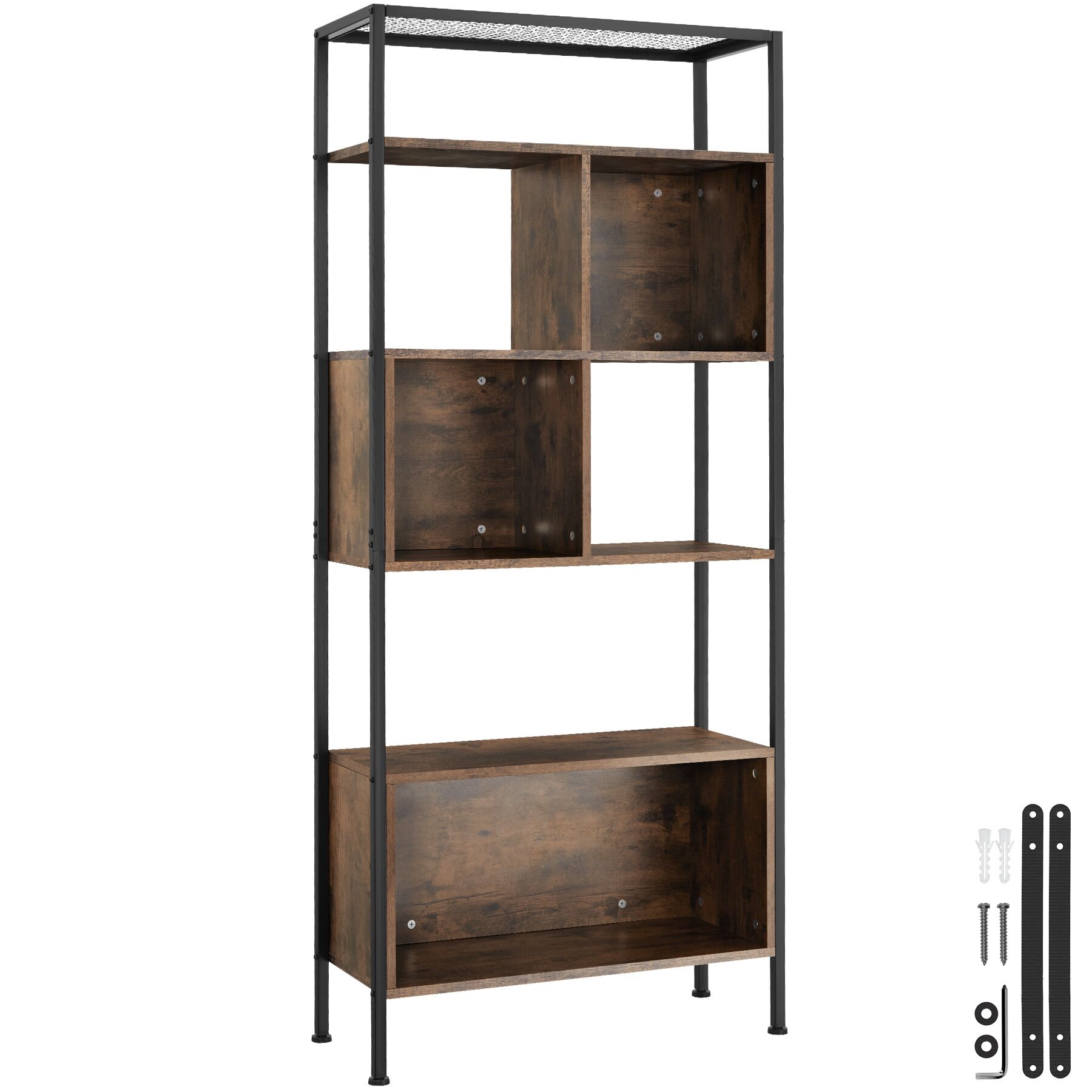 Free standing shelf Hastings - with 5 tiers & 3 storage compartments - Industrial wood dark, rustic