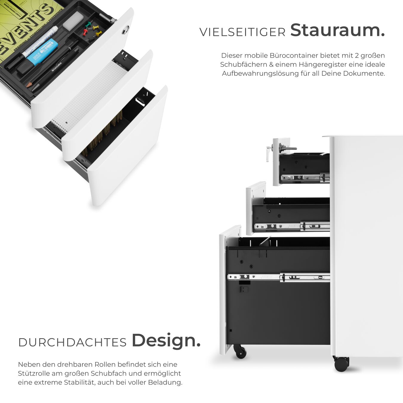 Rollcontainer 2 Schubladen Büroschrank Abschließbar Aktenschrank Hängeregister - Bild 16 von 25