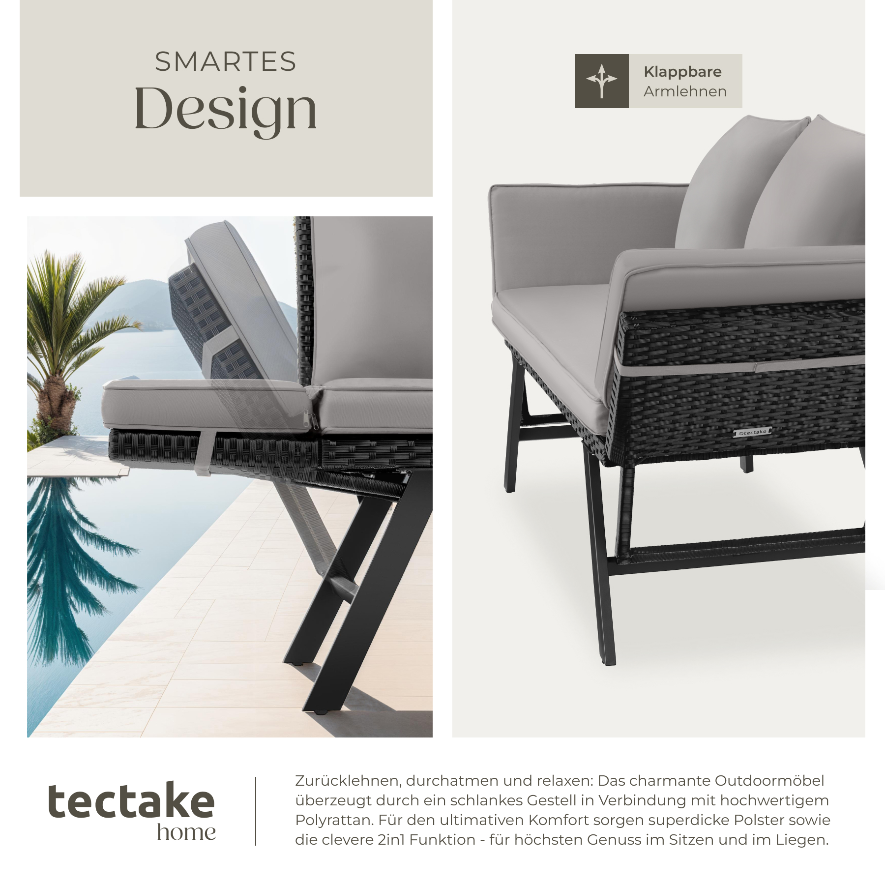 Rattan-Loungesofa Liege Gartensofa verstellbare Armlehnen gepolstert 250kg