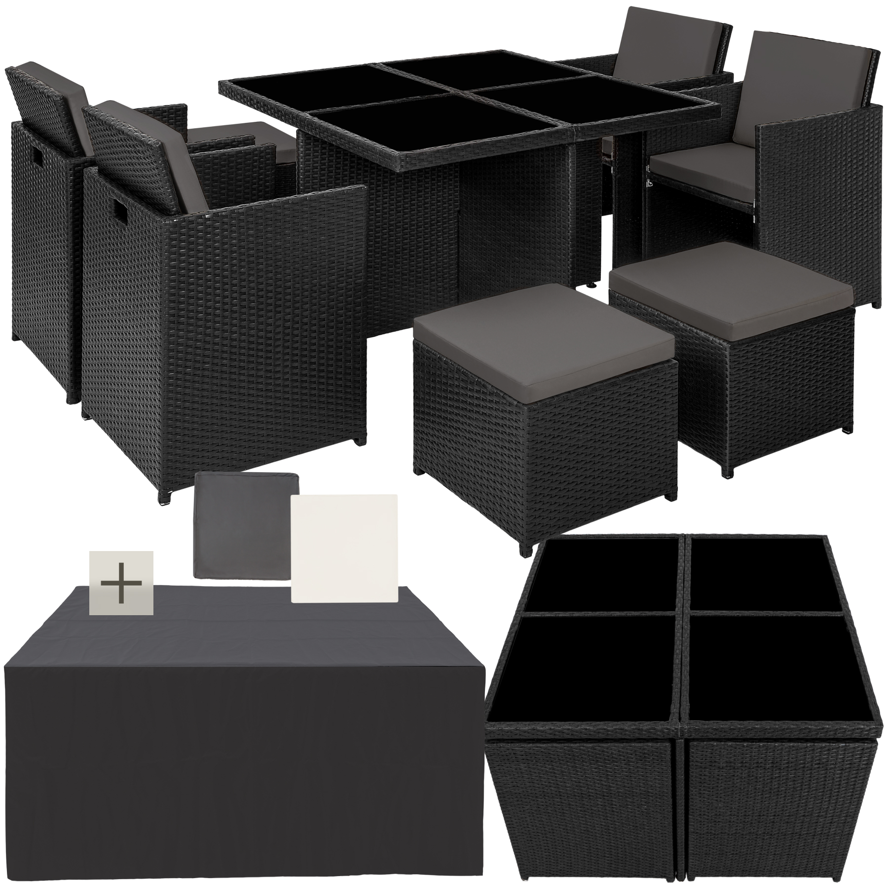 Salon de jardin MANHATTAN 8 places avec 2 sets de housses + housse de protection, variante 2 - noir | tectake