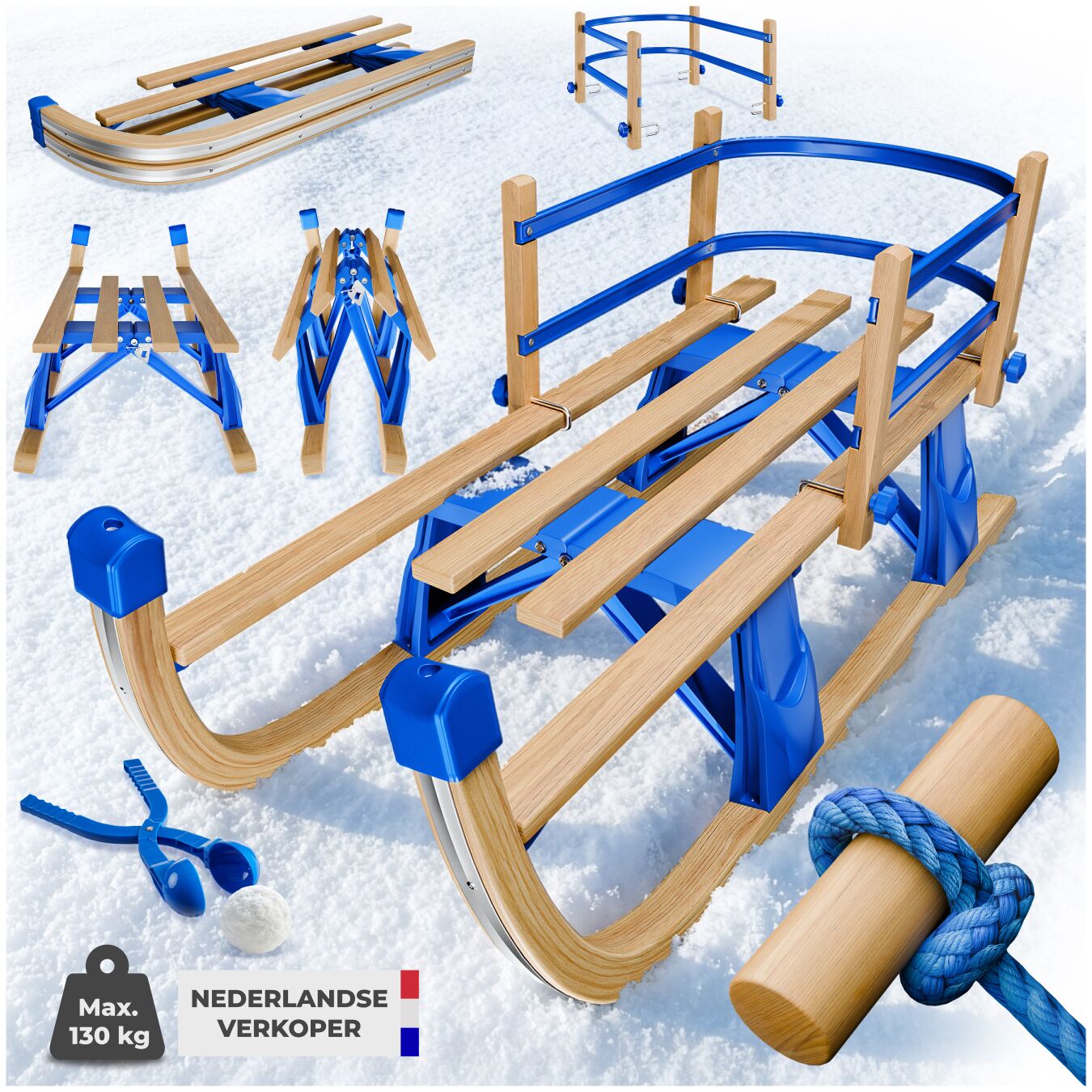 Houten slee Vivian, opklapbaar met rugleuning en trekkoord - bruin
