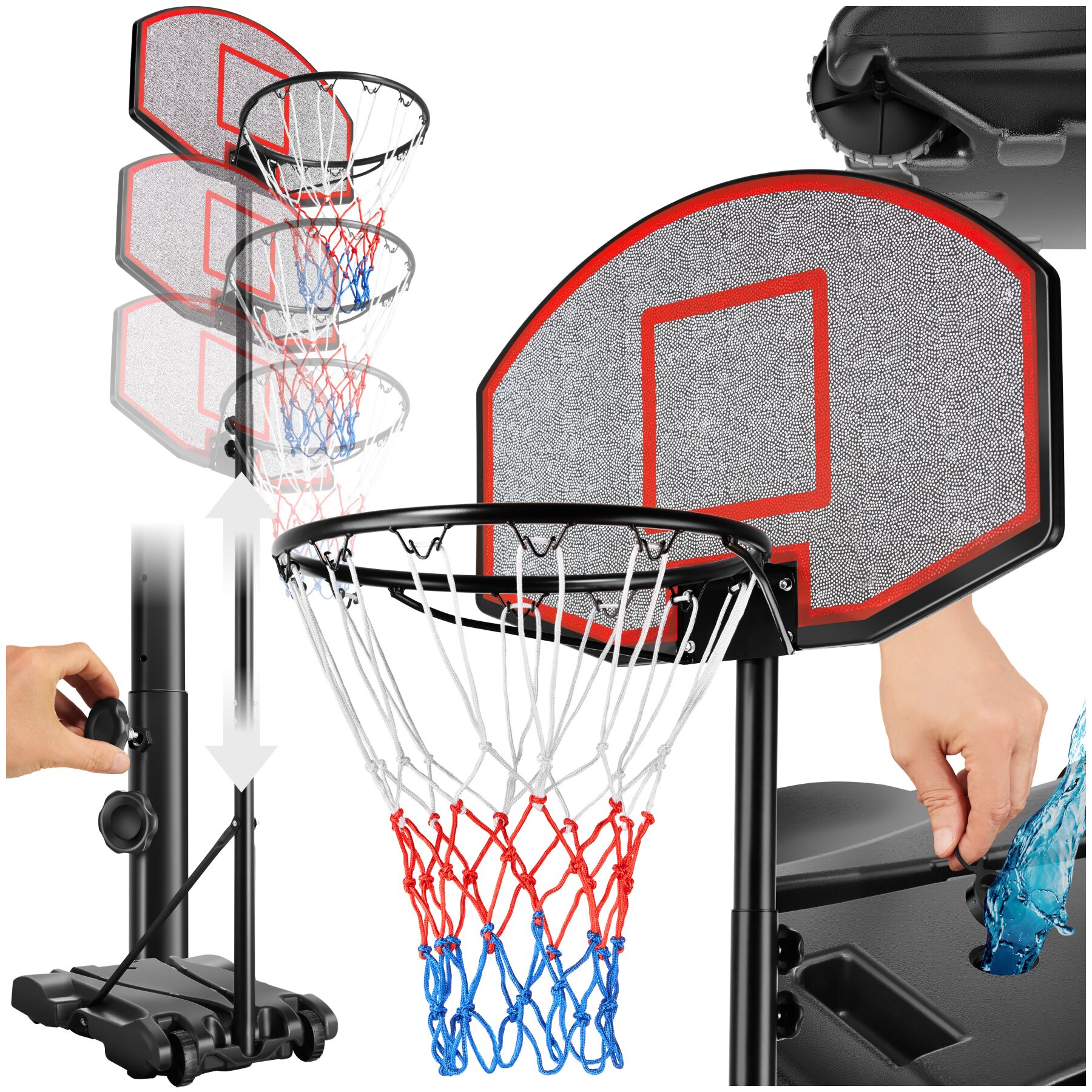 Basketball Hoop Harlem - freestanding, fillable base, height-adjustable between 178 - 213 cm - black