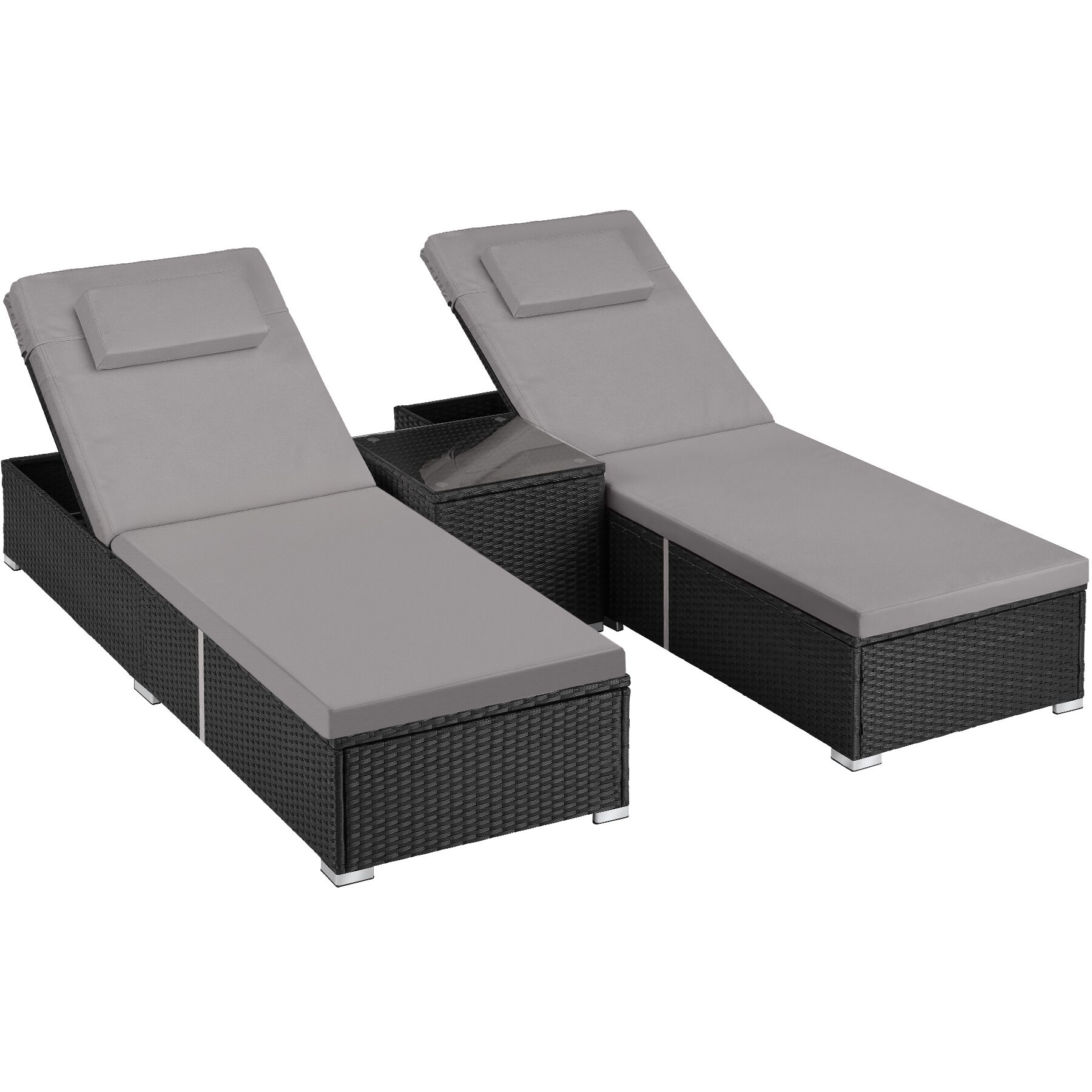 Wicker-tweepersoonsligbed met tafel Carbonera, verstelbare rugleuning - zwart | tectake