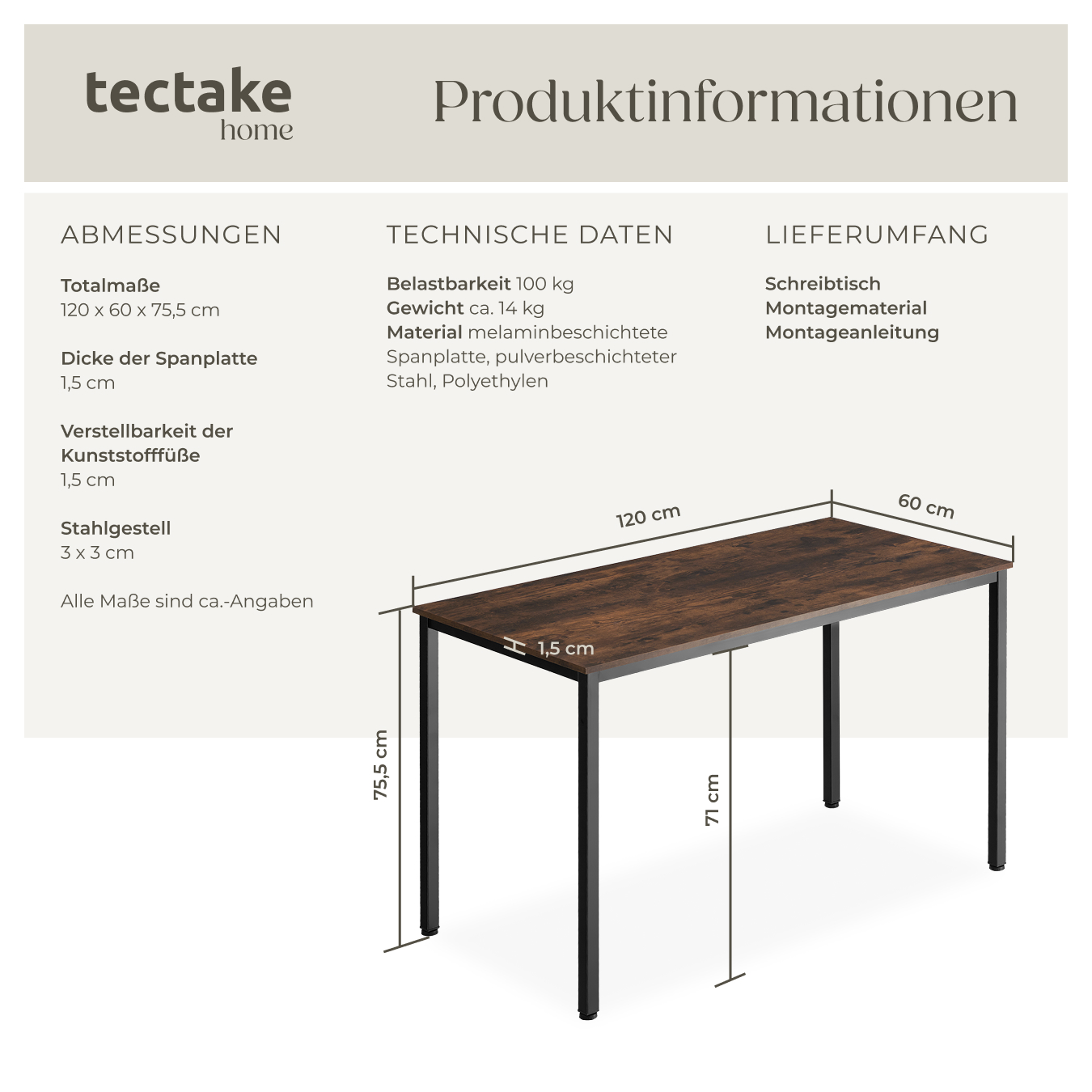 Schreibtisch Bürotisch Esstisch Tisch Industrial Design Holz Metall 120 x 60 cm