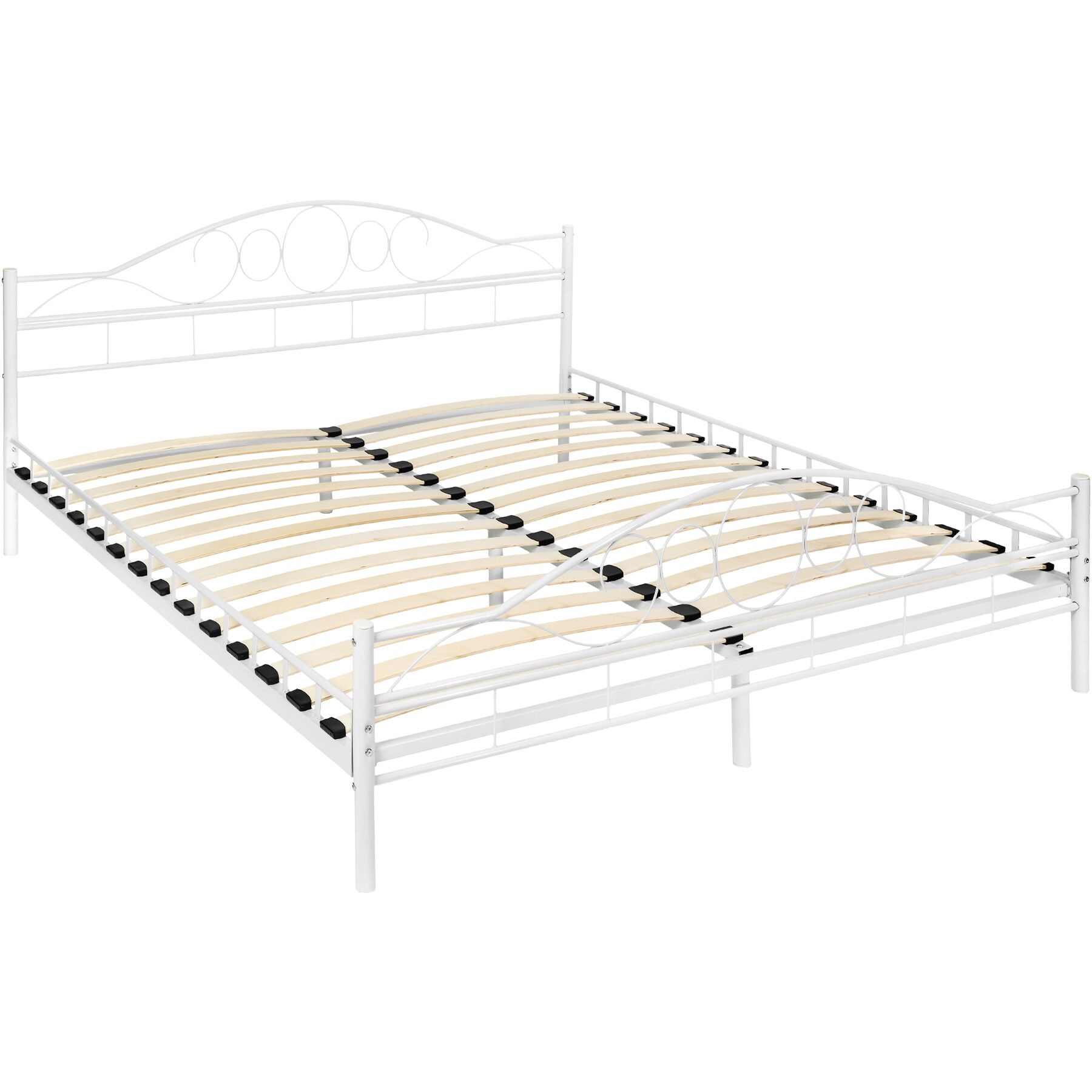 Cama de casal "Art" para quarto com estrutura de aço y estrado incluído - 200 x 180 cm, branco/branco | tectake