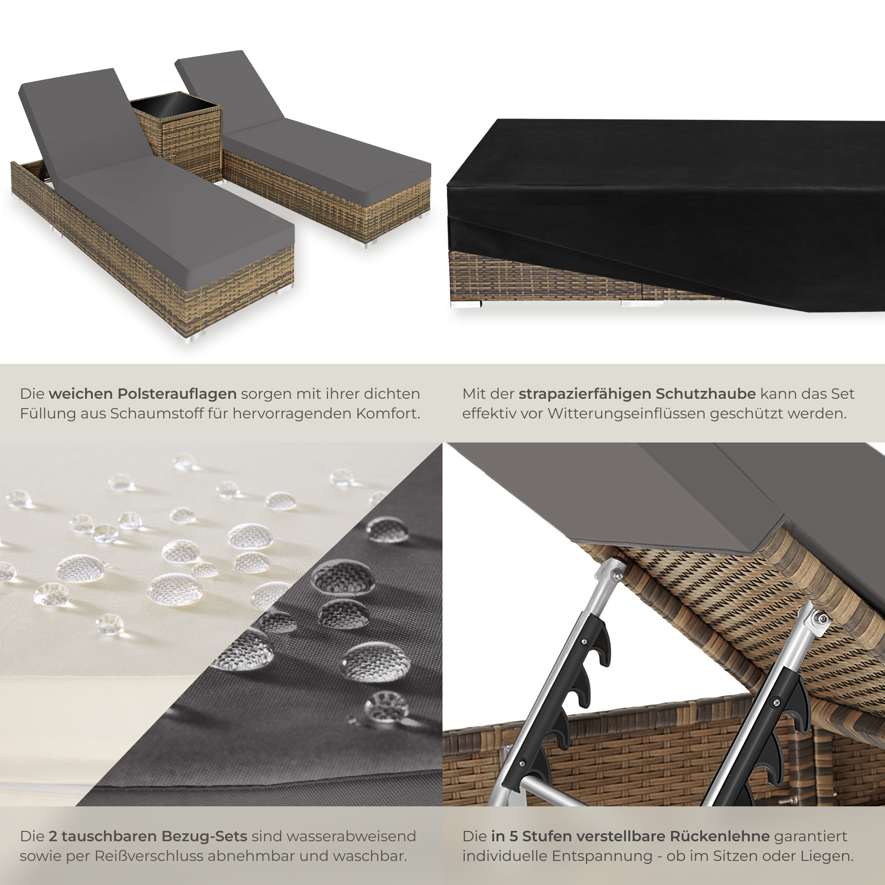2x Polyrattan Sonnenliege Tisch Aluminium Gartenliege Rattan Liege Gartenmöbel