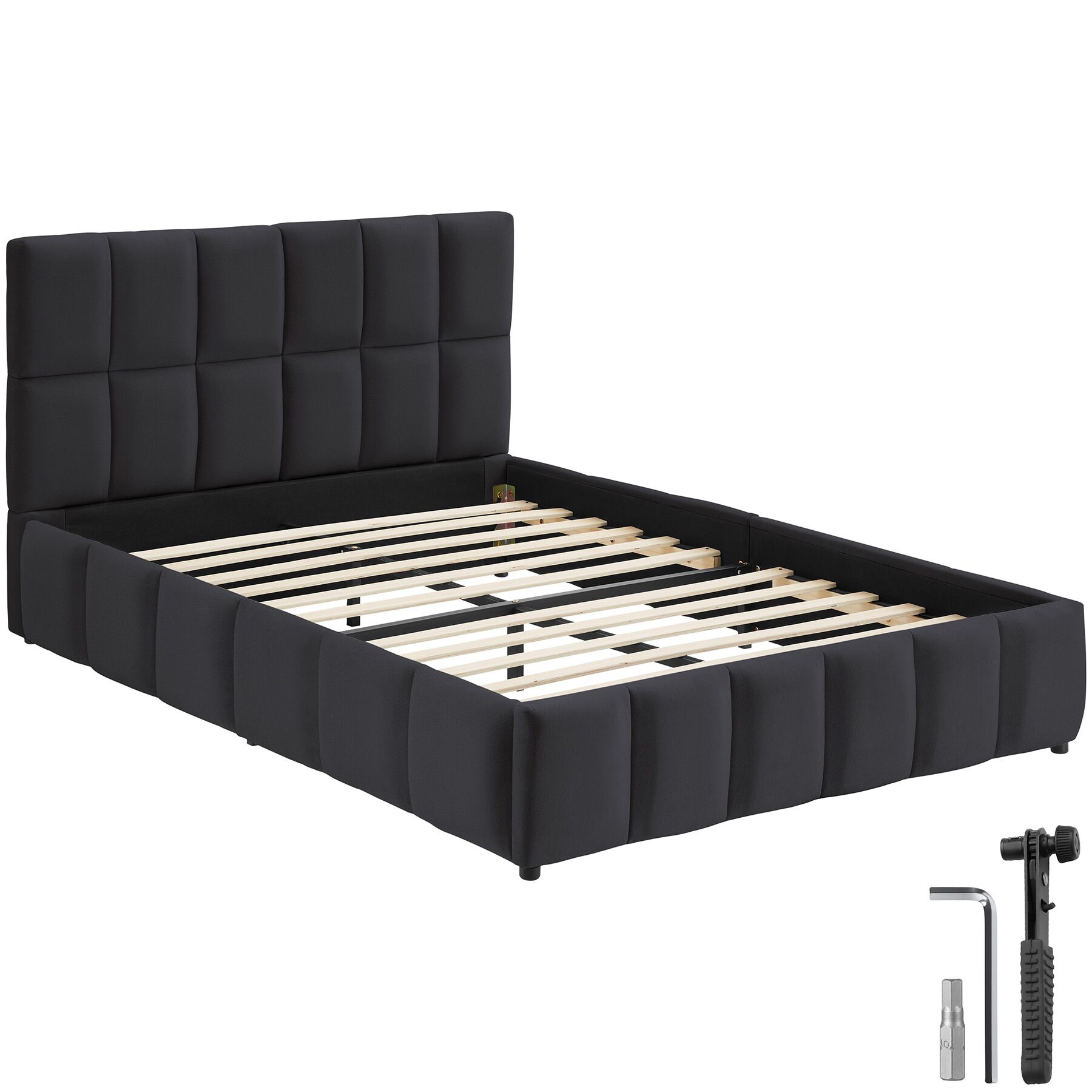 Shirley Upholstered Bed with Slatted Frame, Weight Capacity 250 kg - Velvet look black | tectake