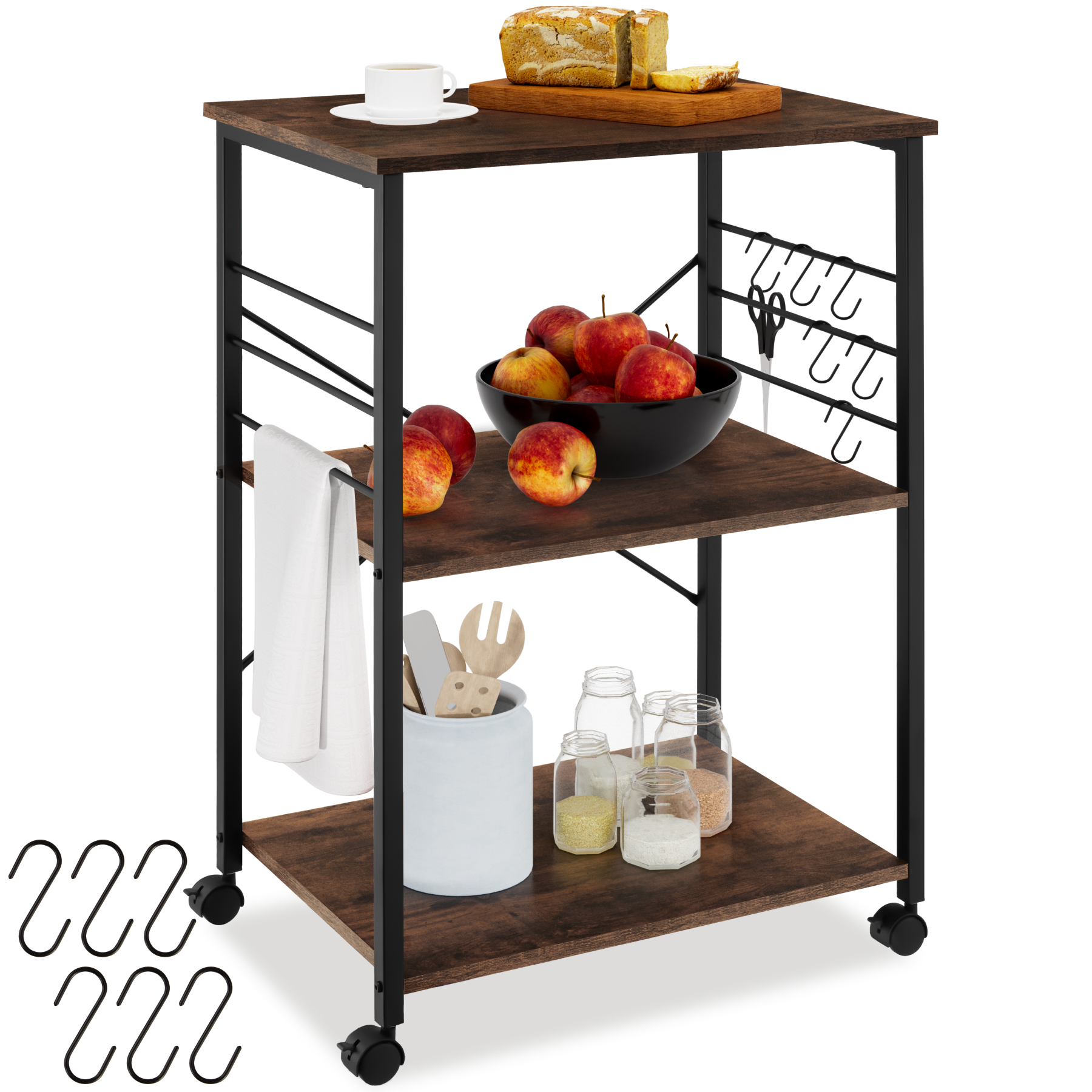 Drinks Trolley Rugby - 3 shelves, 4 castors with parking brake - Industrial wood dark, rustic