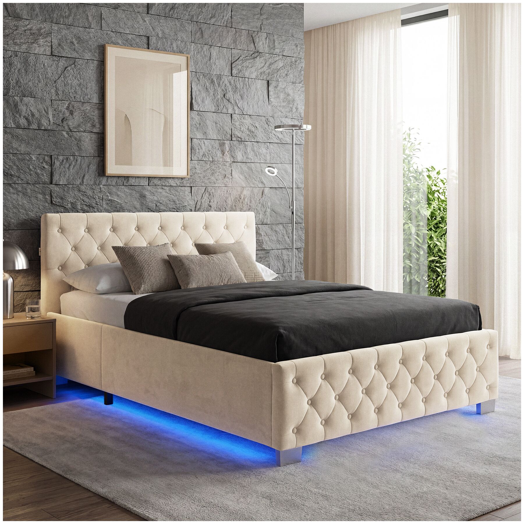 Lit capitonné avec bandes LED et espace de rangement - Aspect velours sable | tectake