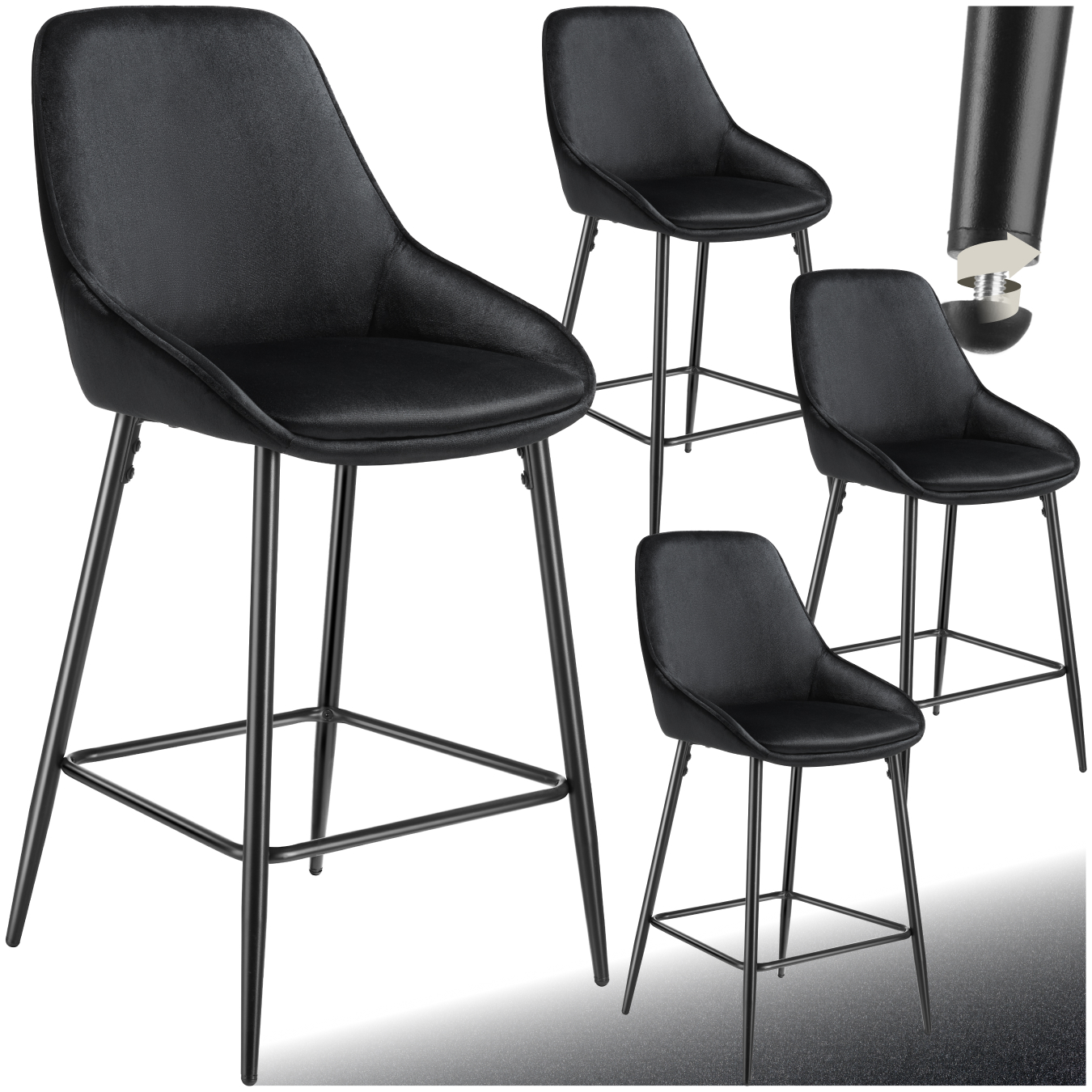 Thekenstuhl Siera mit Rückenlehne - Samtoptik schwarz/schwarz, 4er Set