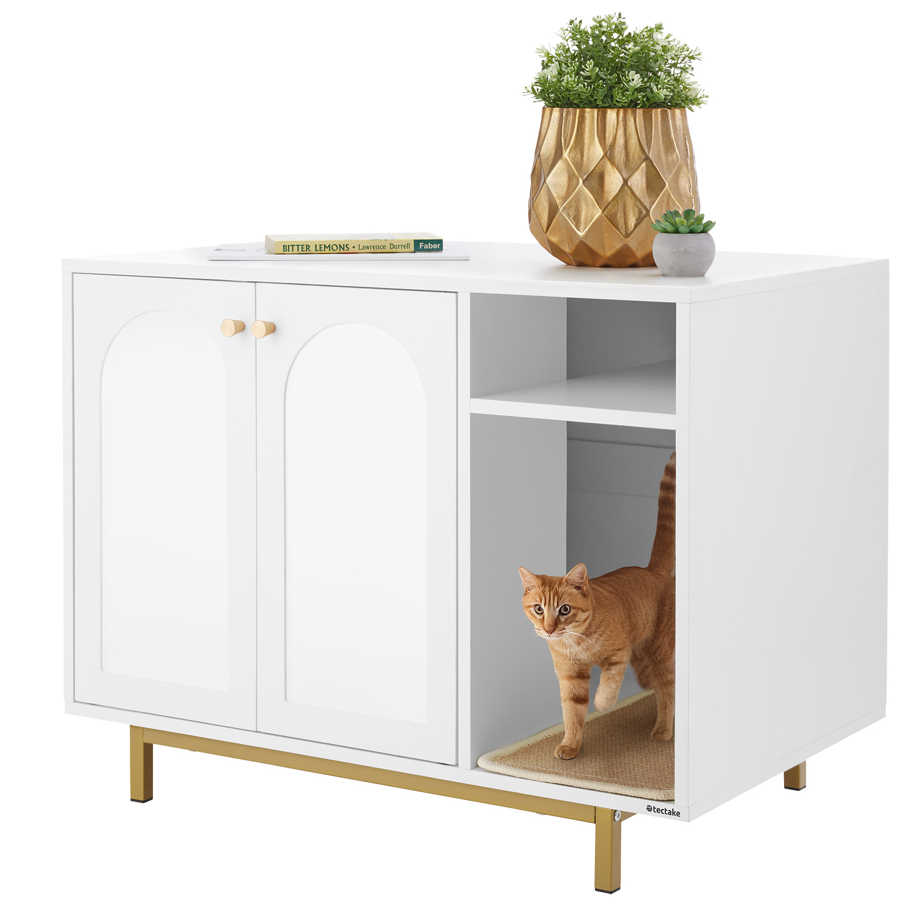 Kattenschrank Kalea, zij-ingang, incl. krabmat - wit/goud