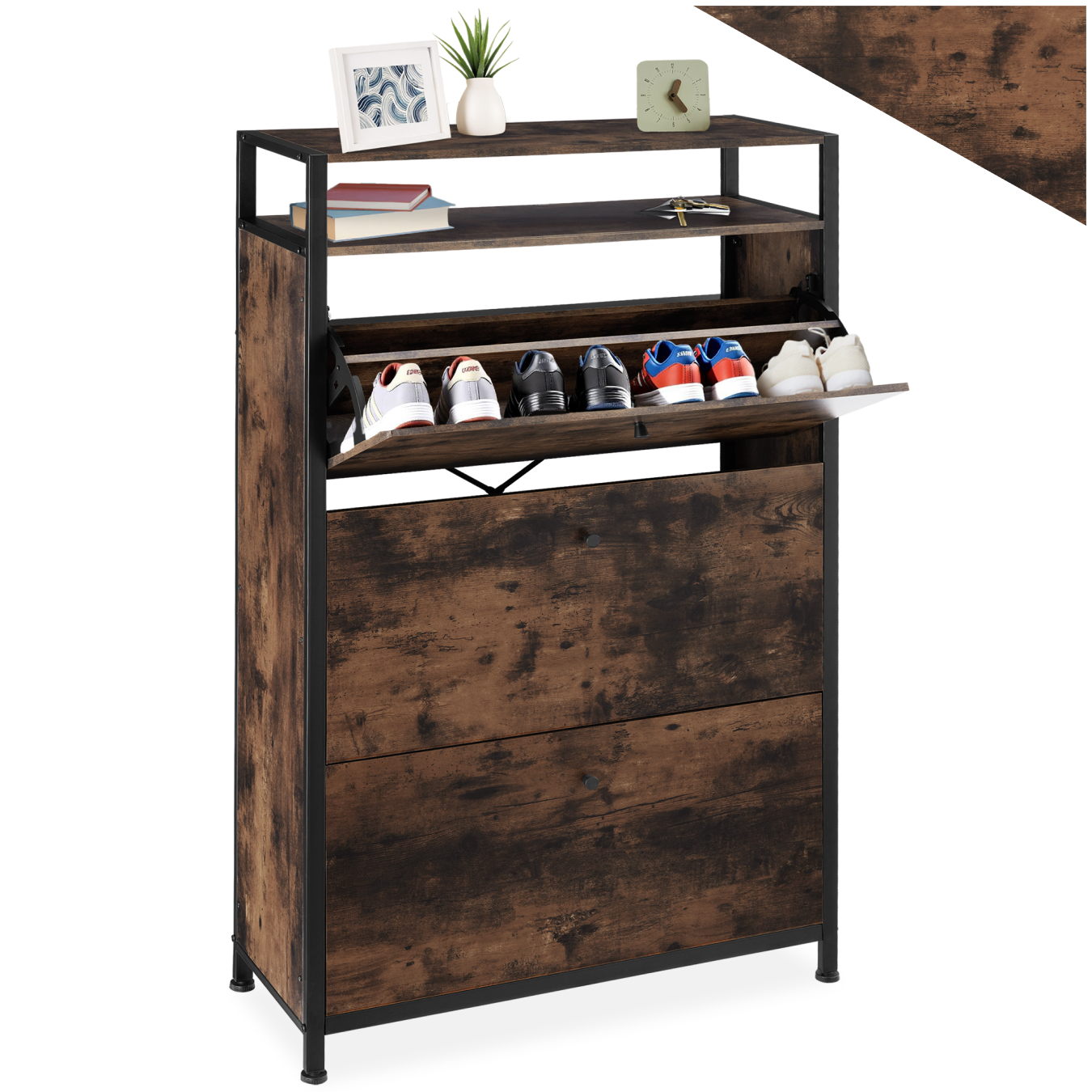 Slim Rack - 2 storage shelves, 3 tilt drawers with 2 racks per, industrial style - Industrial wood dark, rustic, 81 cm