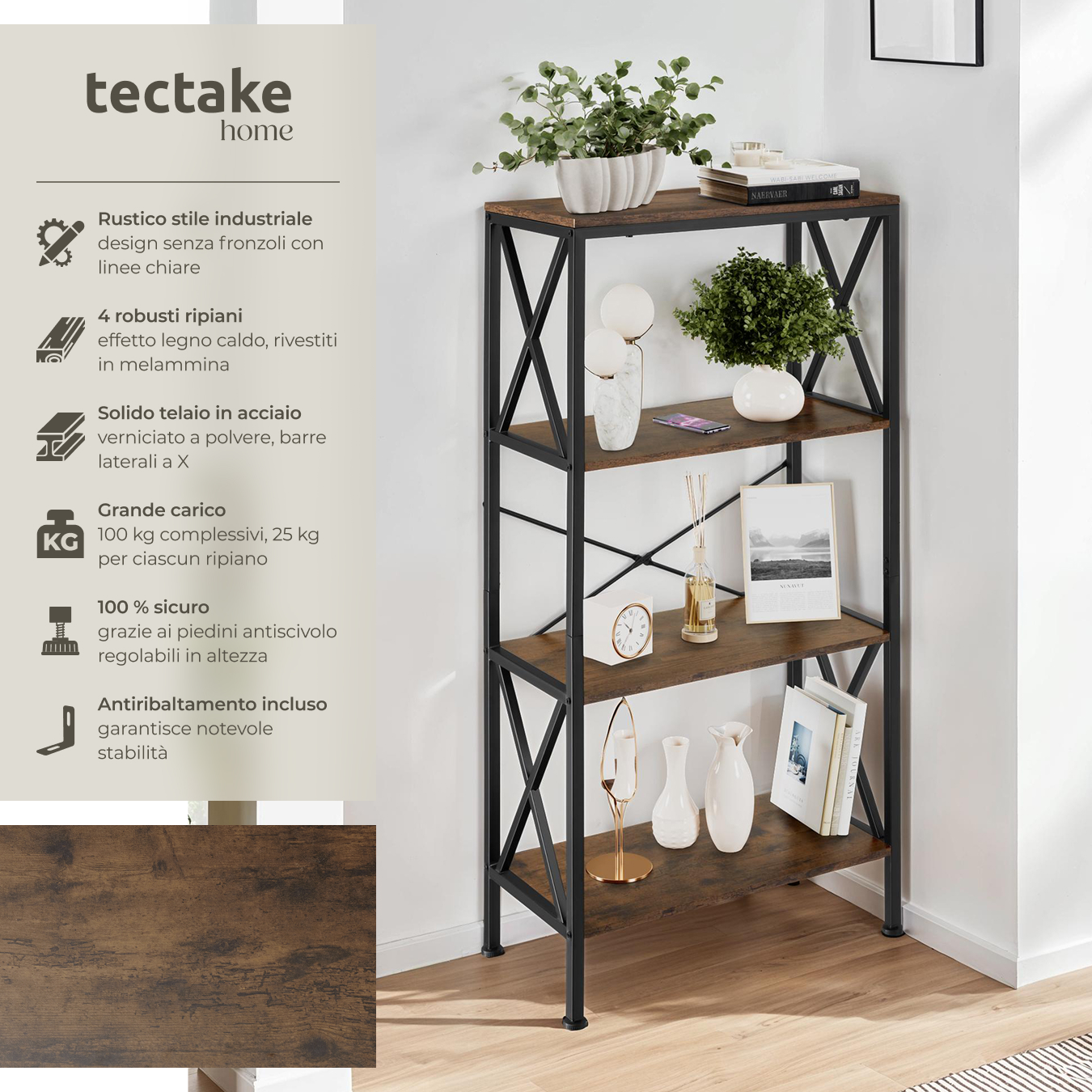 Scaffali alti libreria 4 ripiani scaffali cucina legno metallo stile industrial - Foto 3 di 25