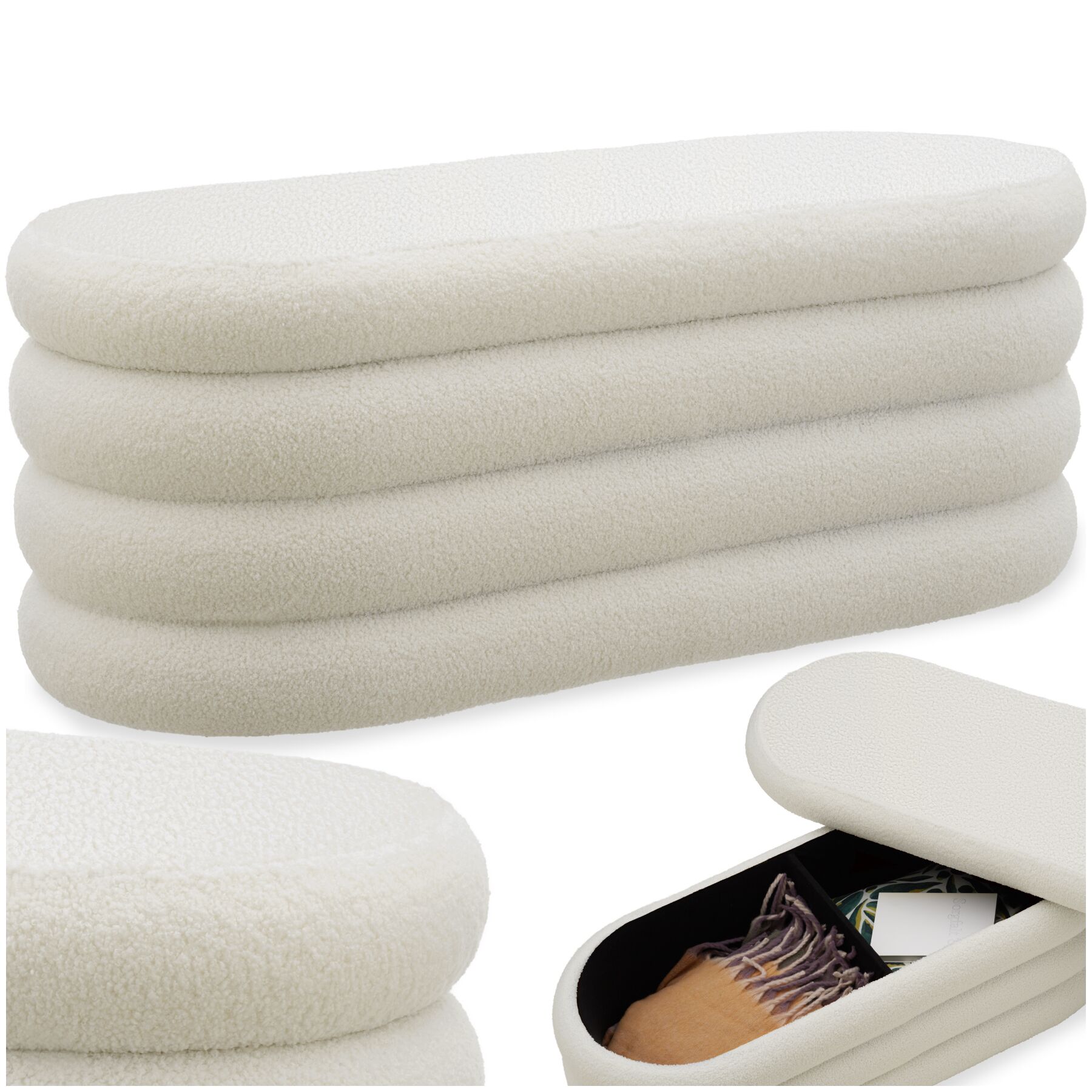 Banc rembourré ALTU avec espace de rangement - Bouclé crème/ blanc | tectake