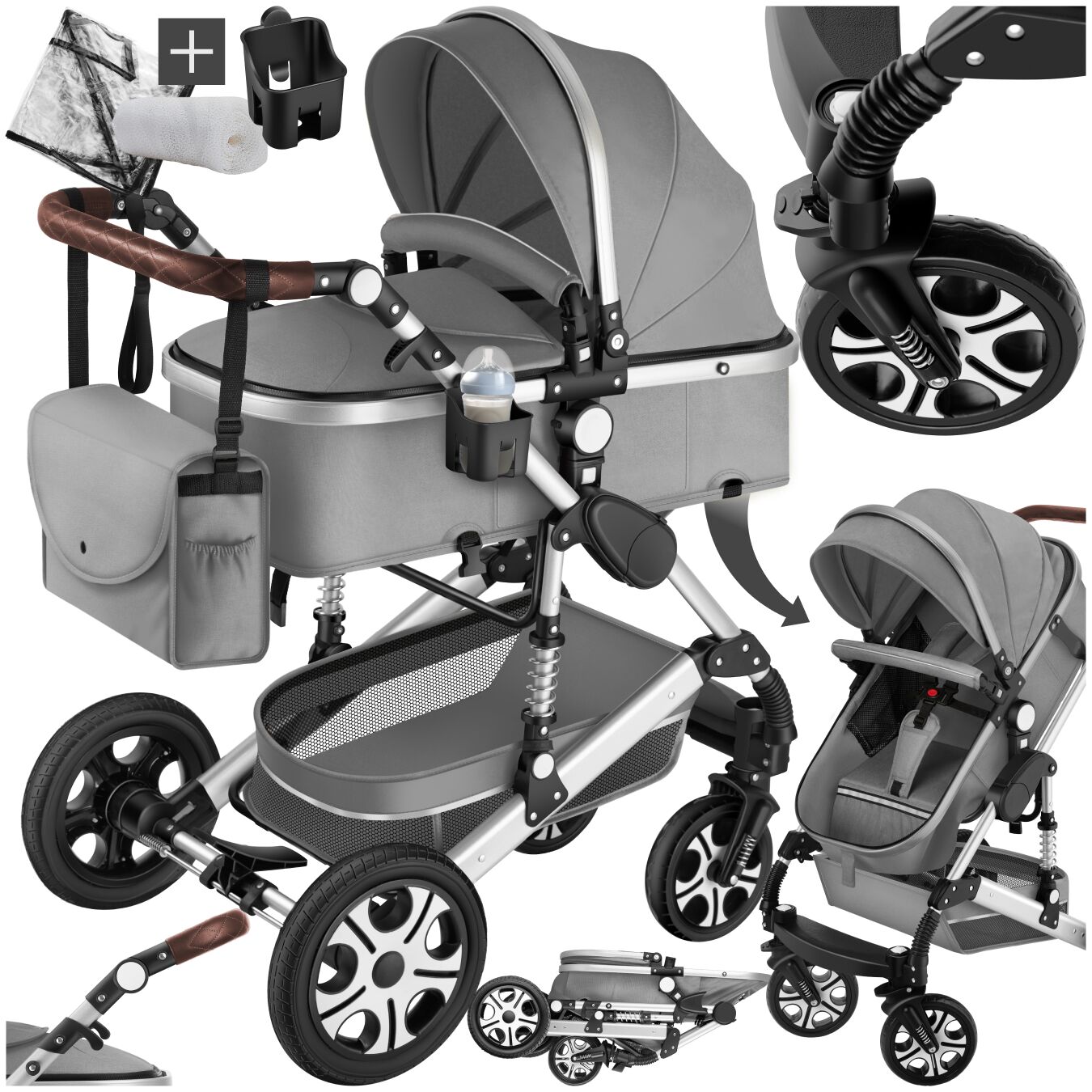 Kombi-Kinderwagen Mats, klappbar, 5-Punkt-Gurt - grau