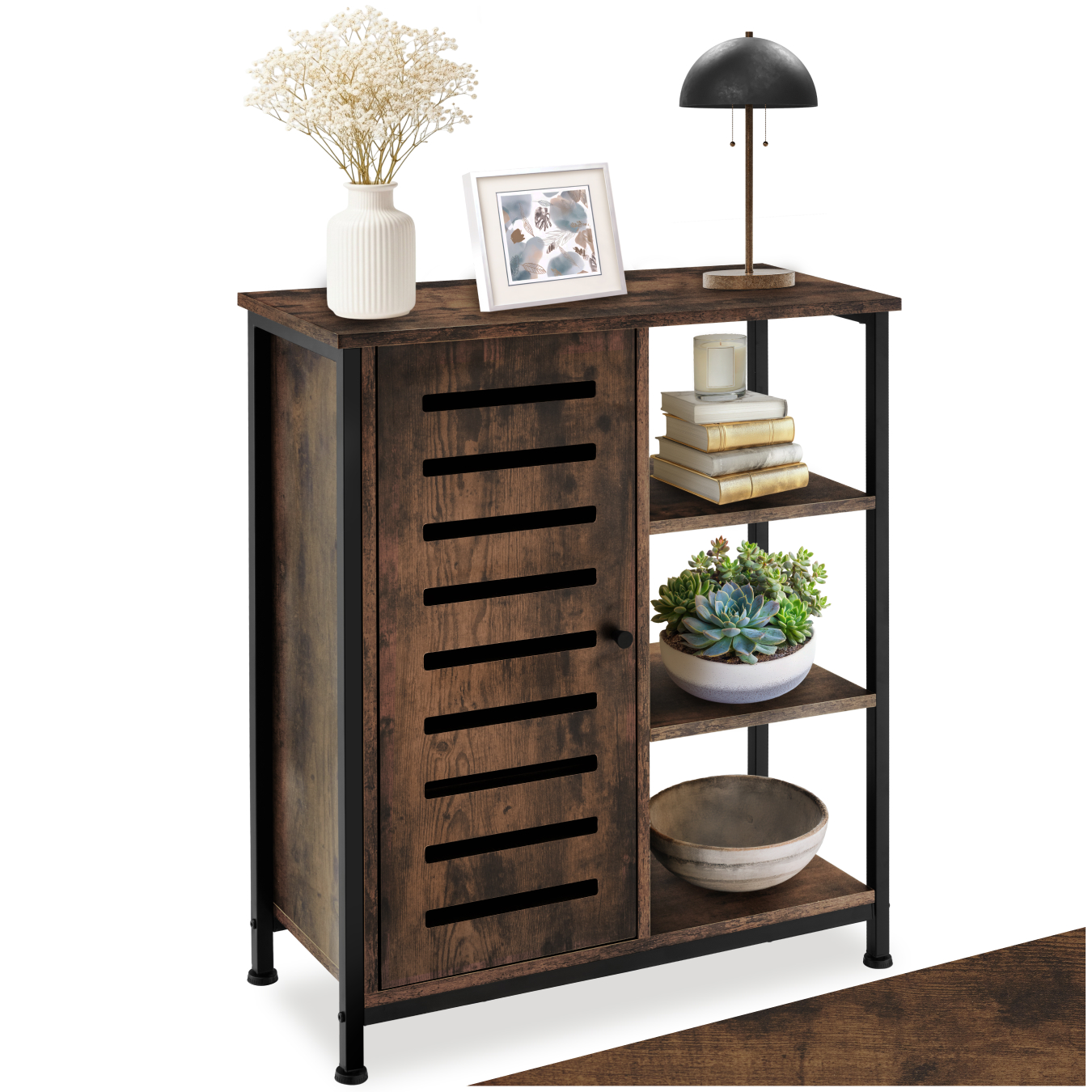 Sideboard - surface top, 3 open shelves, 1 cabinet with adjustable shelves - Industrial wood dark, rustic, door hinge left