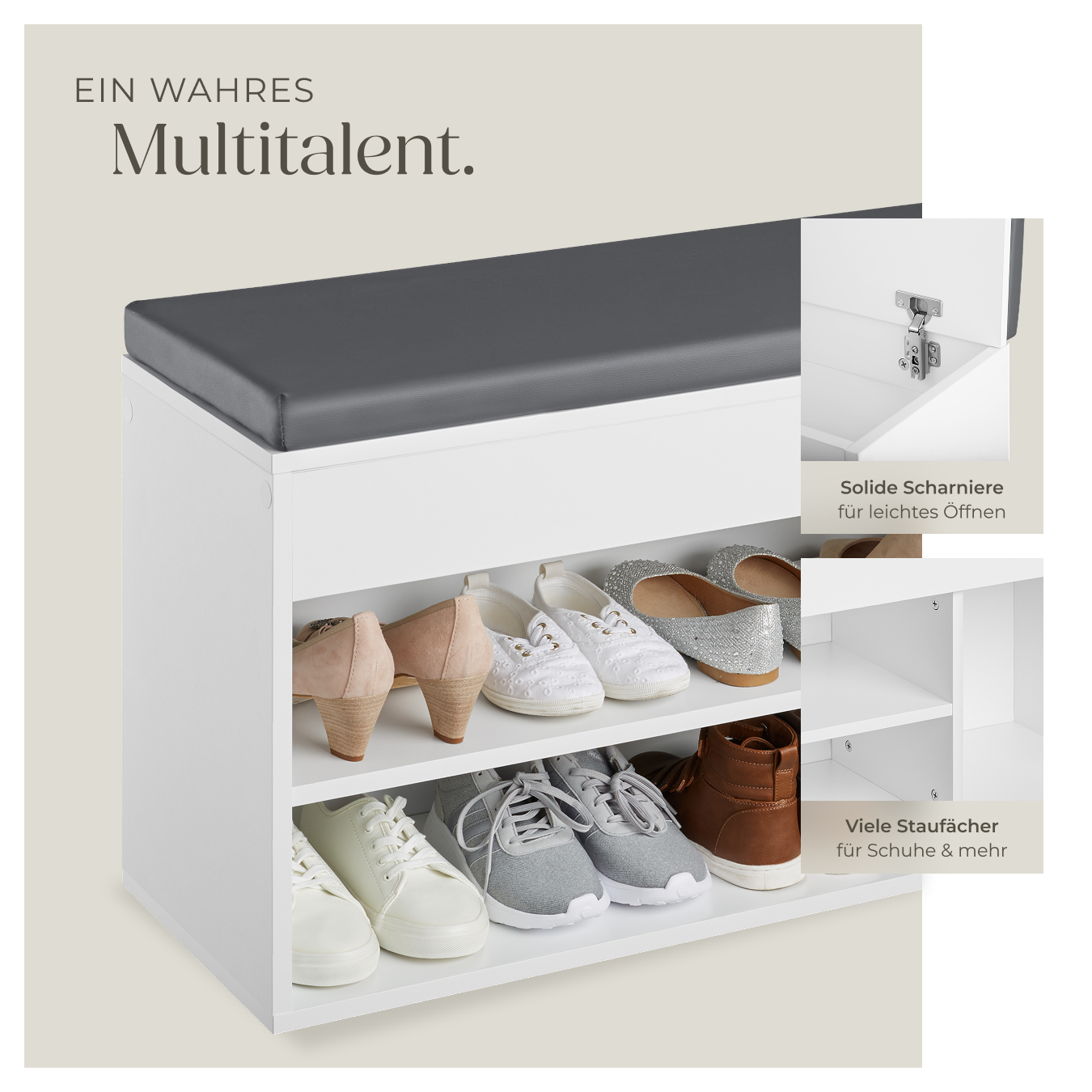 Schuhbank mit Sitzkissen Holz Schuhschrank Schuhregal Sitzfläche Klappfach 104cm - Bild 5 von 37