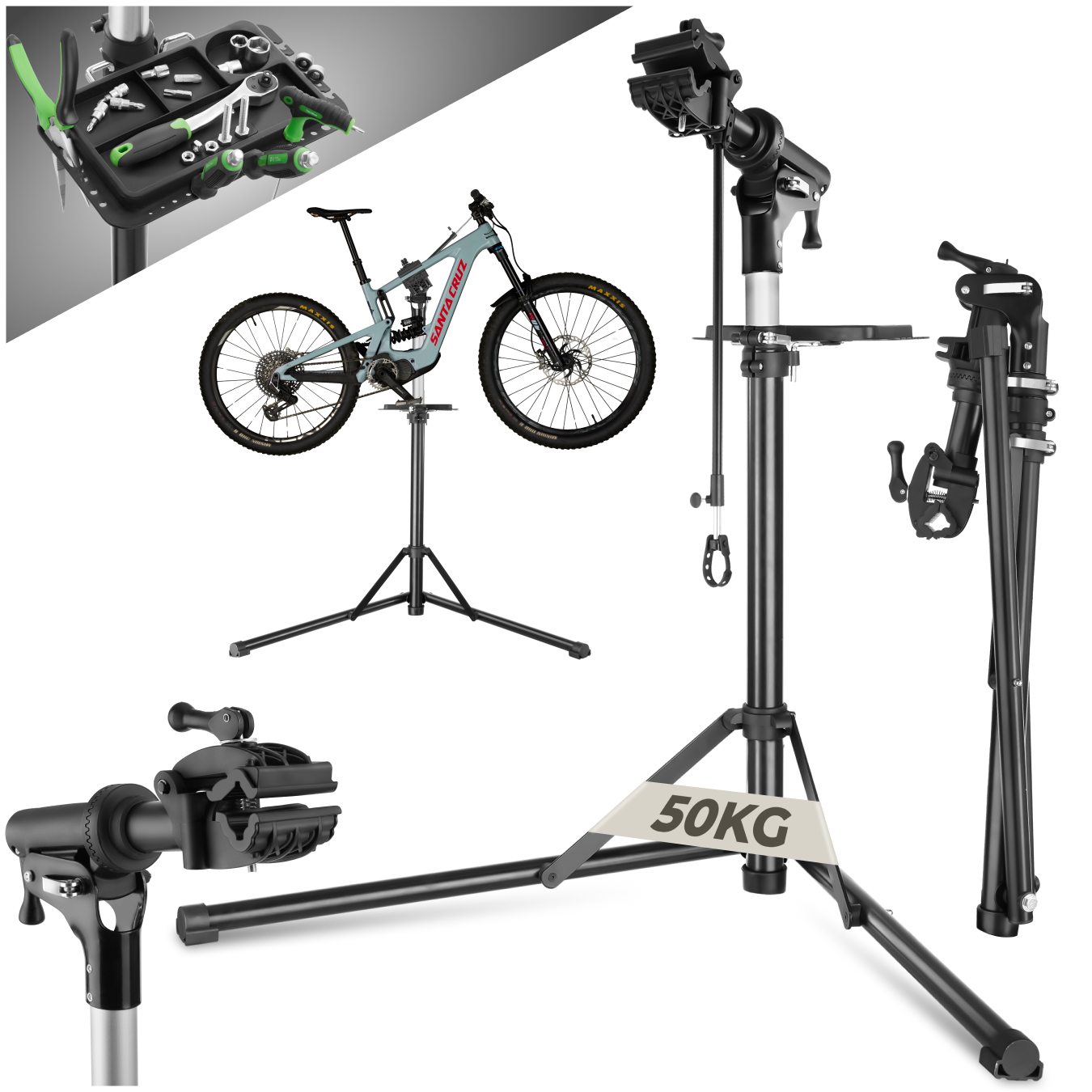 Soporte de reparación de bicicletas Jan plegable y ajustable en altura, hasta 50 kg, apto para bicicletas eléctricas - gris/negro | tectake