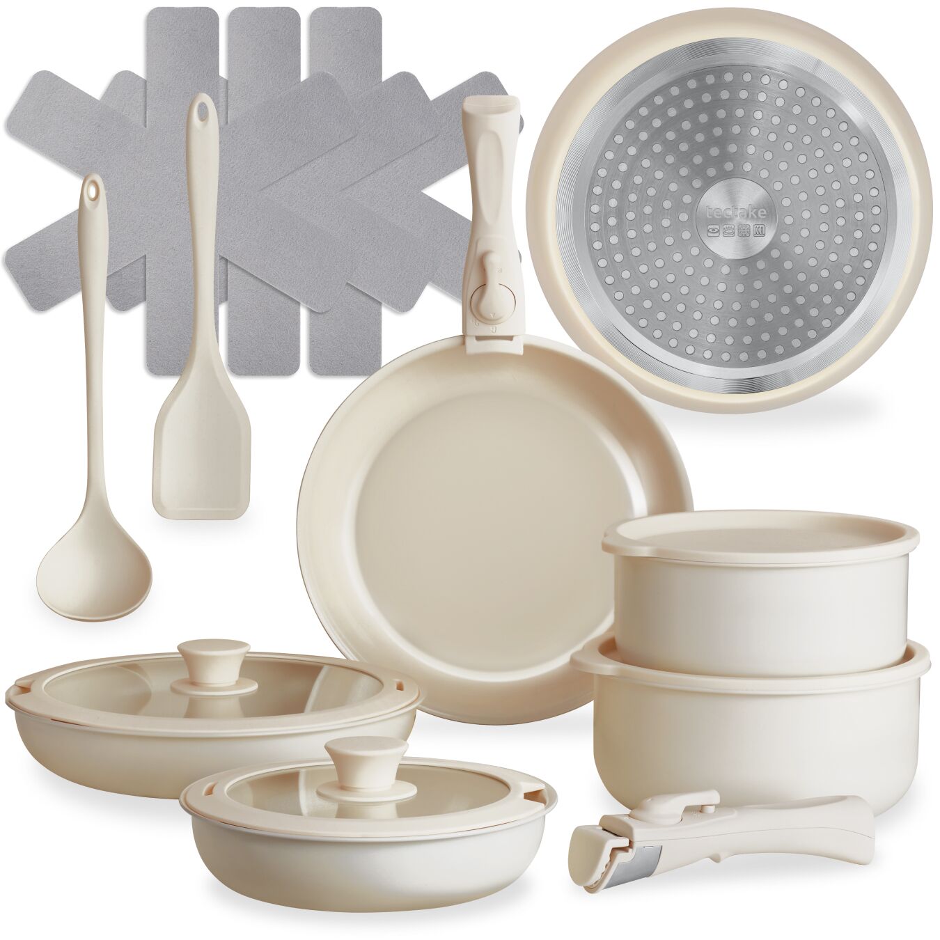 Pot and Pan Set Genoa 16 Pcs including Lids, Utensils and Felt Protectors - white
