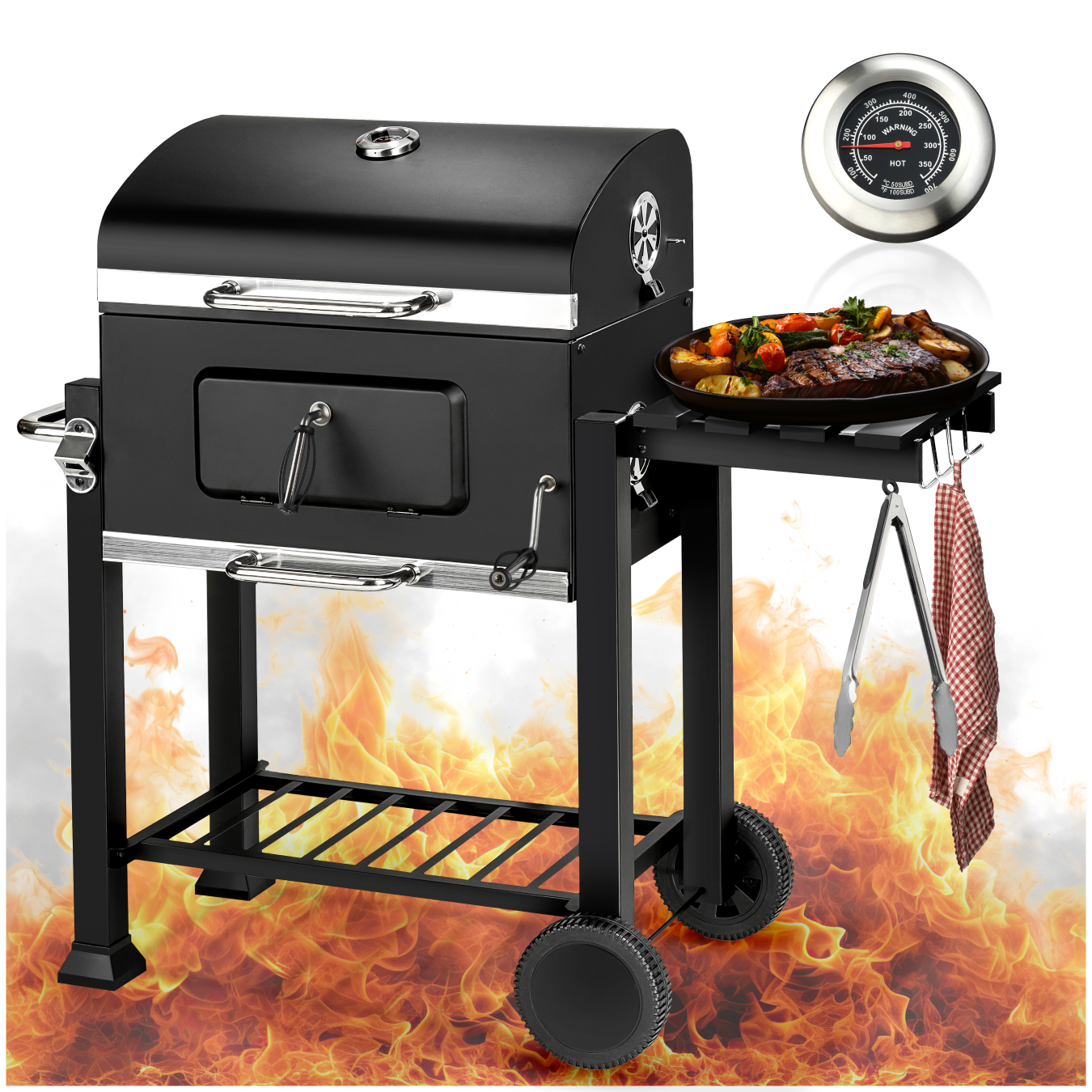BBQ Florian - with 2 wheels, adjustable air supply and temperature display - black