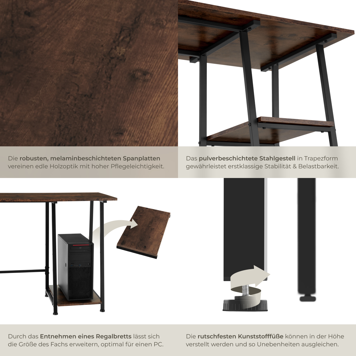 Schreibtisch Computertisch Bürotisch mit Regal 2 Ablagen Holz Metall Industrie