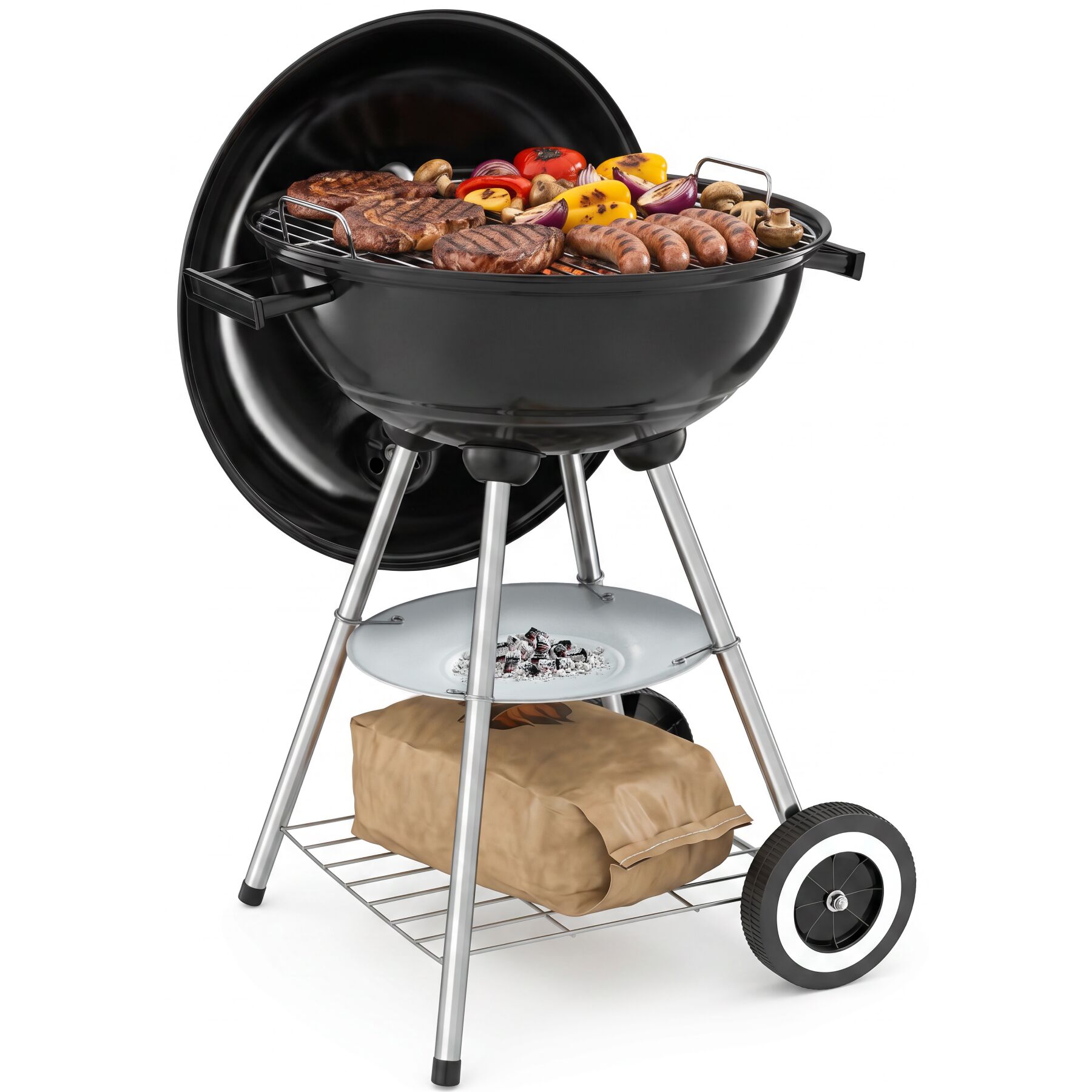 Kettle Grill with 2 Wheels, Ø 41.5 Cm, Removable Ash Tray - black/silver | tectake