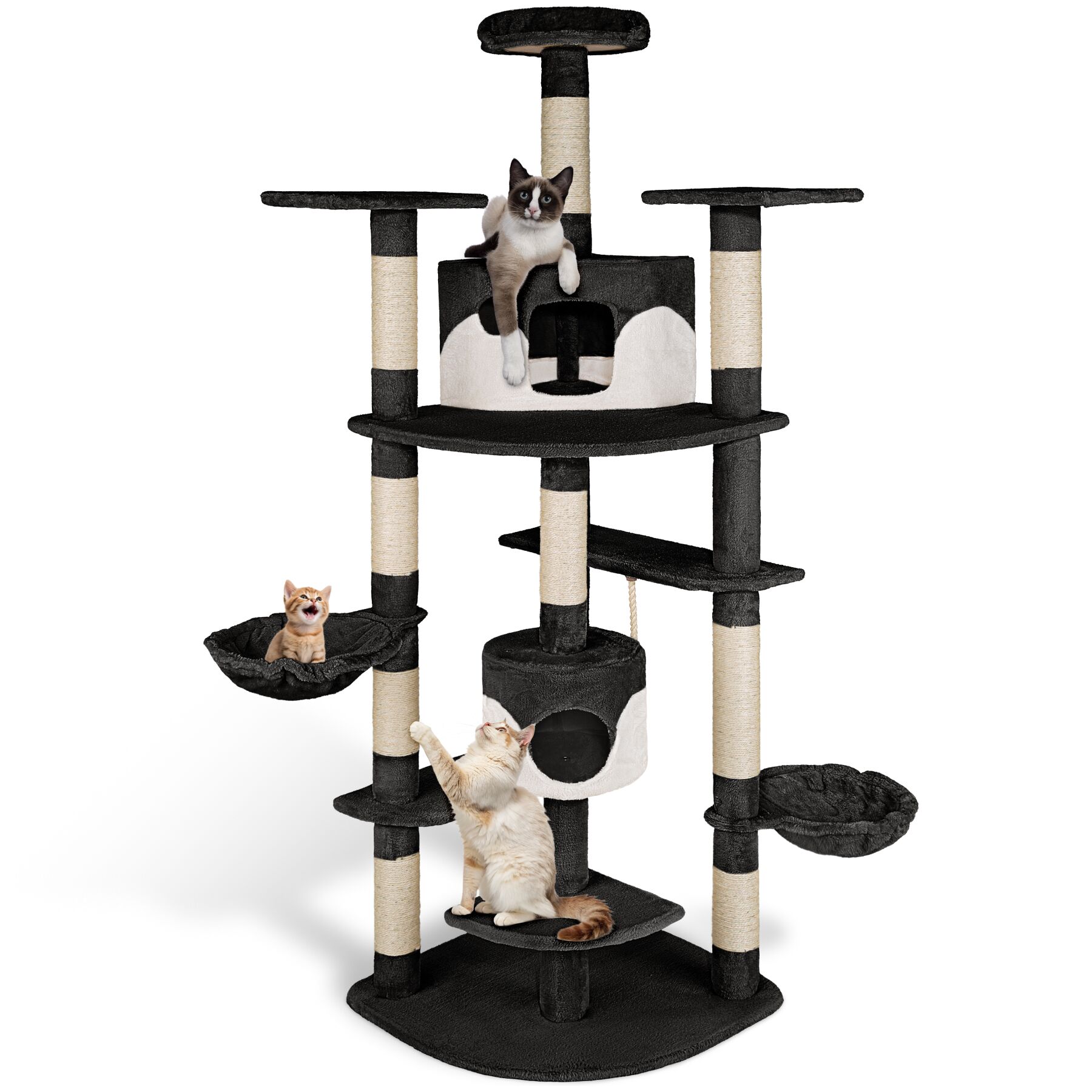Cat Tree Fippi - 201 cm tall, sisal cat scratching post, toy & anti-tip bracket - black/white | tectake