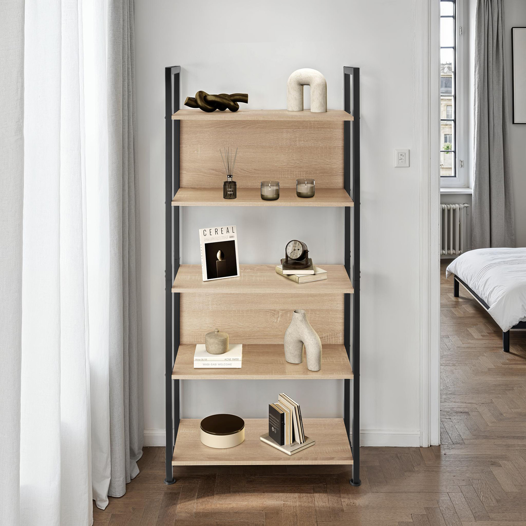 Scaffale scaffalatura alta libreria con 5 ripiani muro legno metallo industrial - Foto 25 di 25