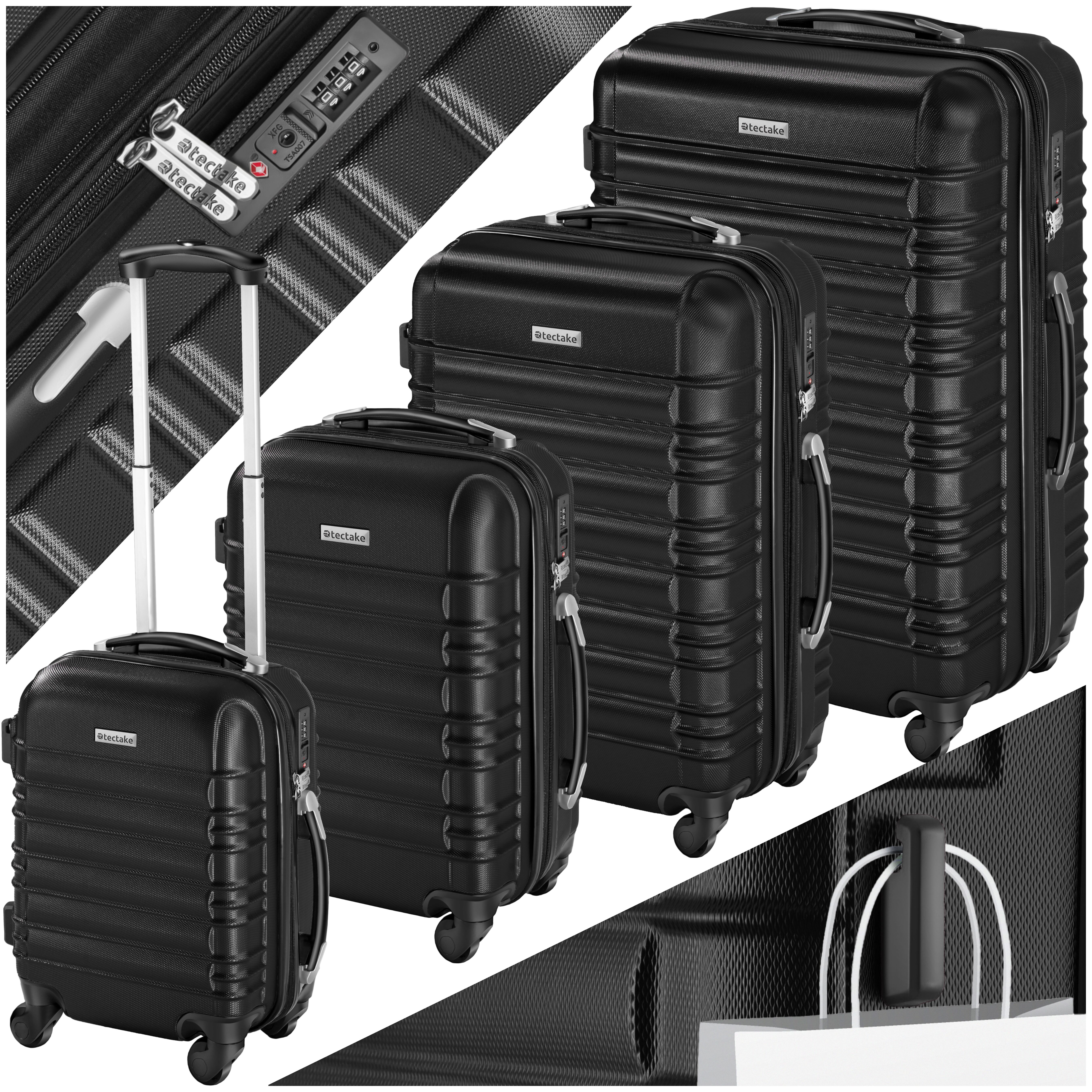 Set de 4 Valises Trolley - ABS - 4 Roues Pivotantes à 360° - noir de tectake