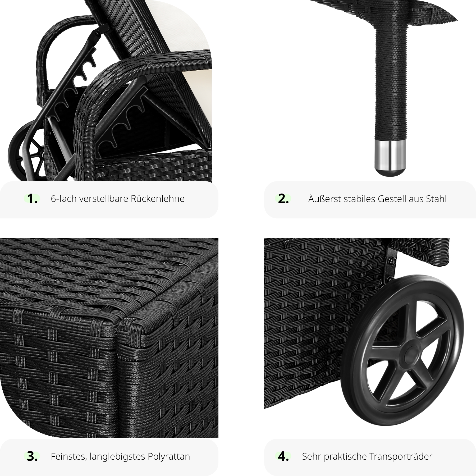 Sonnenliege klappbar Gartenliege Polyrattan Liegestuhl Strandliege robust 200 cm - Bild 4 von 145