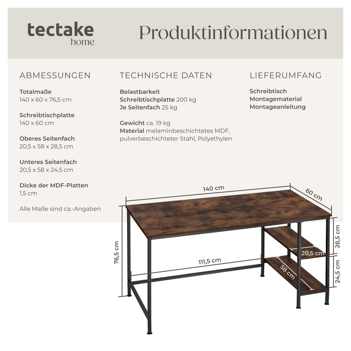 Schreibtisch mit 2 Regalebenen Büro Arbeitstisch Industrial Design 140 x 60 cm