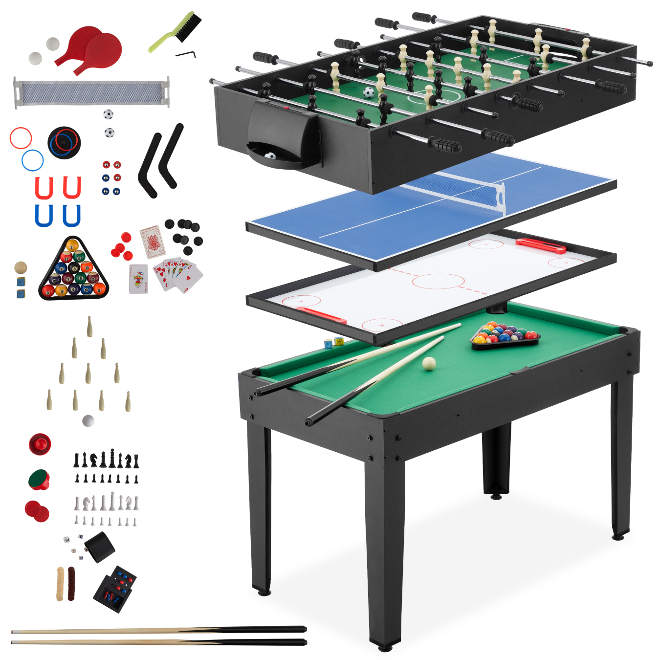 Multifunktionaler Spieltisch, 15in1, umfangreiches Zubehörset, strapazierfähiges MDF - schwarz grün | tectake